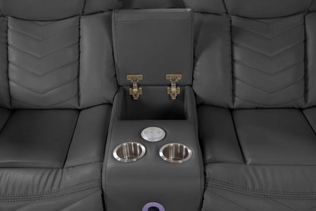 Challenger Gray Faux Leather Reclining Sectional Sofa w/Built in USB-C Ports & Bluetooth - Ornate Home