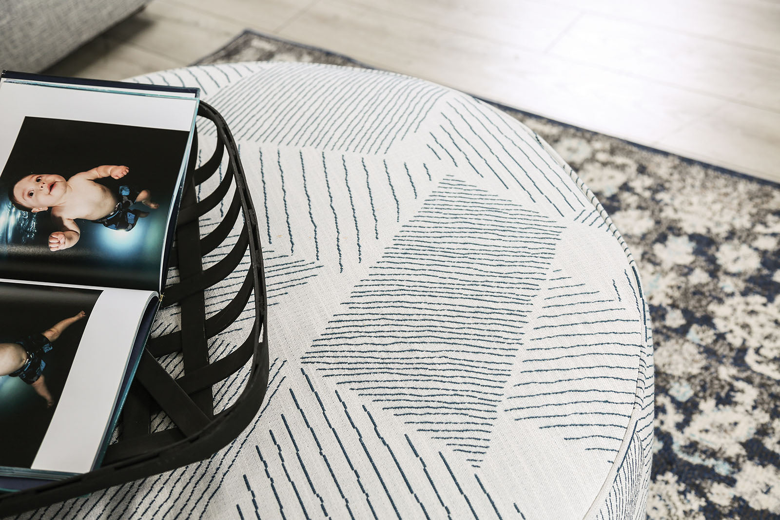 Chancery Gray/Navy Ottoman - Ornate Home