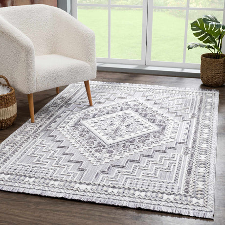 Charcoal Alya Textured Medallion Fringe Area Rug - Clearance - Ornate Home