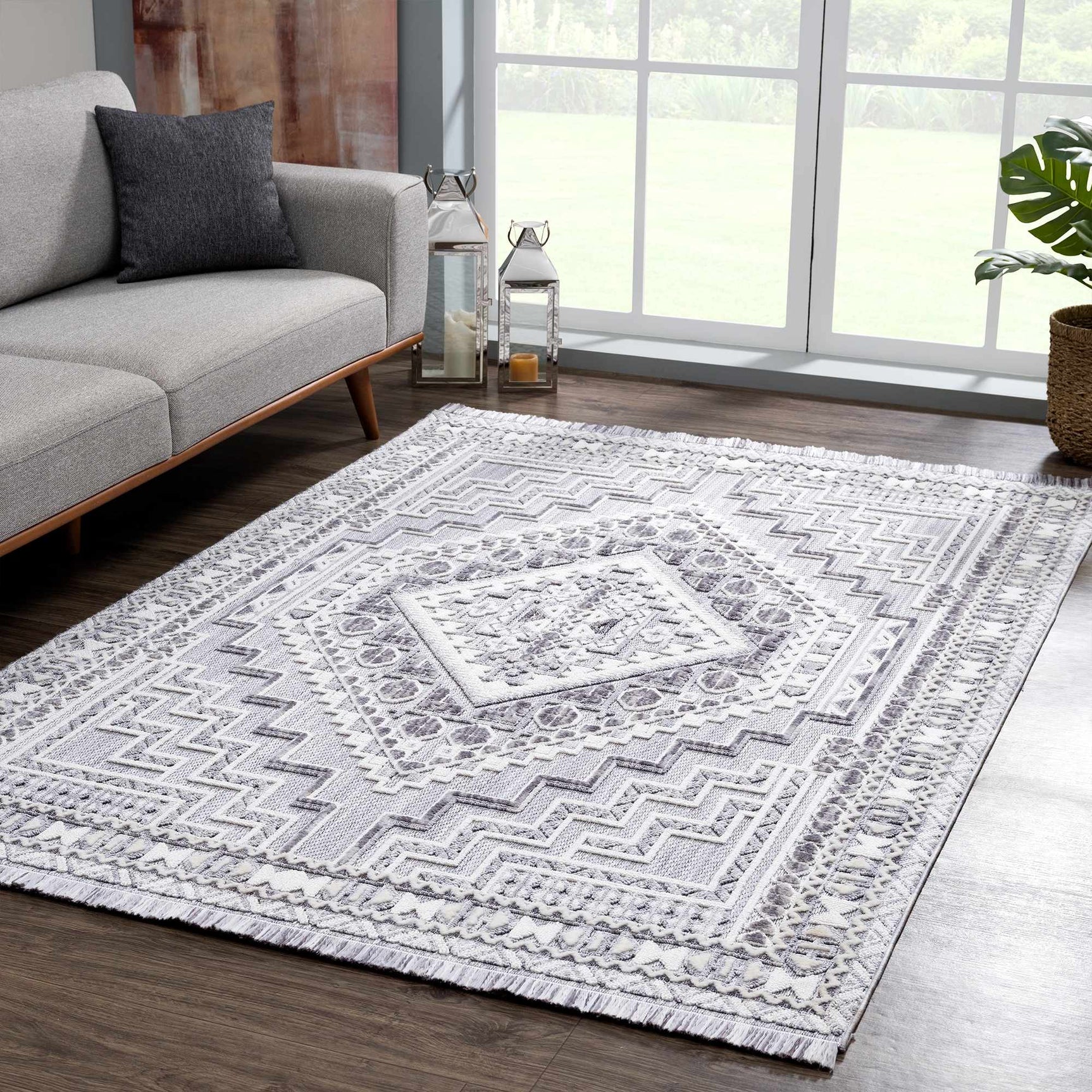 Charcoal Alya Textured Medallion Fringe Area Rug - Clearance - Ornate Home