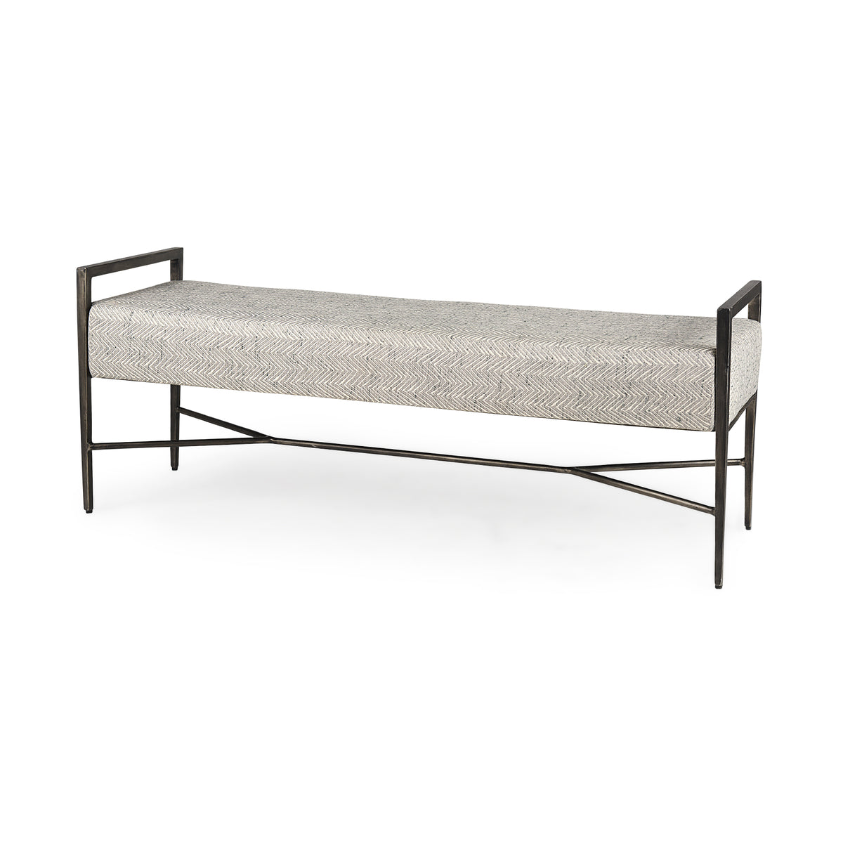 Charlotte Gray/Antique Nickel Herringbone Fabric Seat Bench - Ornate Home