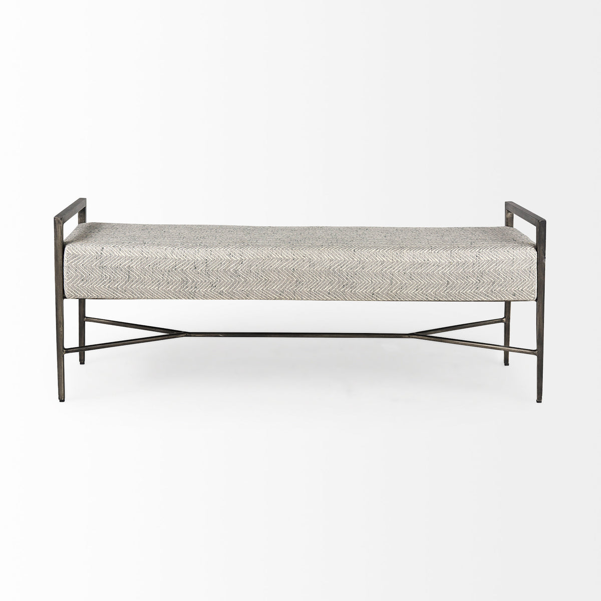 Charlotte Gray/Antique Nickel Herringbone Fabric Seat Bench - Ornate Home