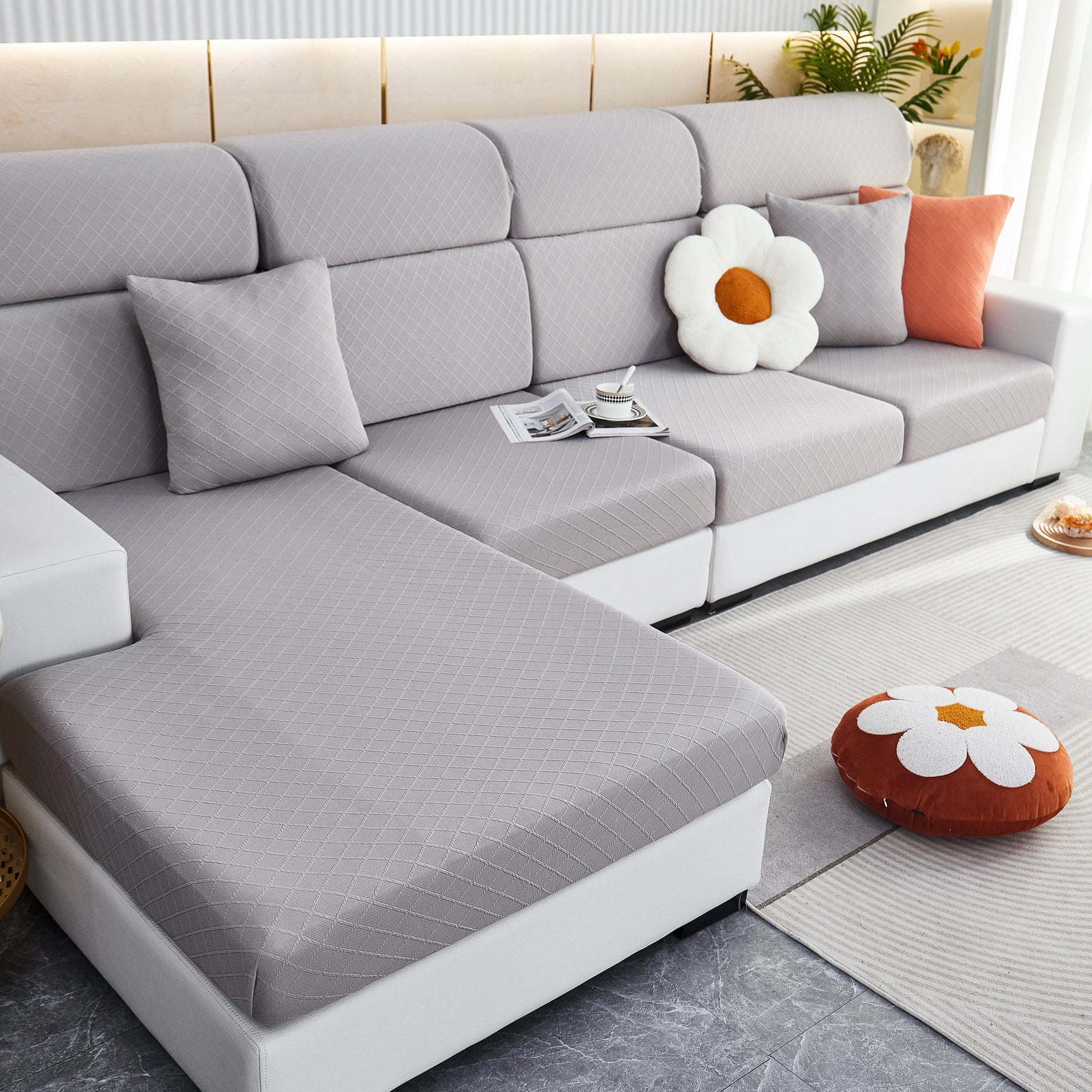 Checkered Jacquard Polar Fleece Stretch Sofa Cover, Non Slip Furniture Protector, Couch Seat Cushion Covers - Ornate Home