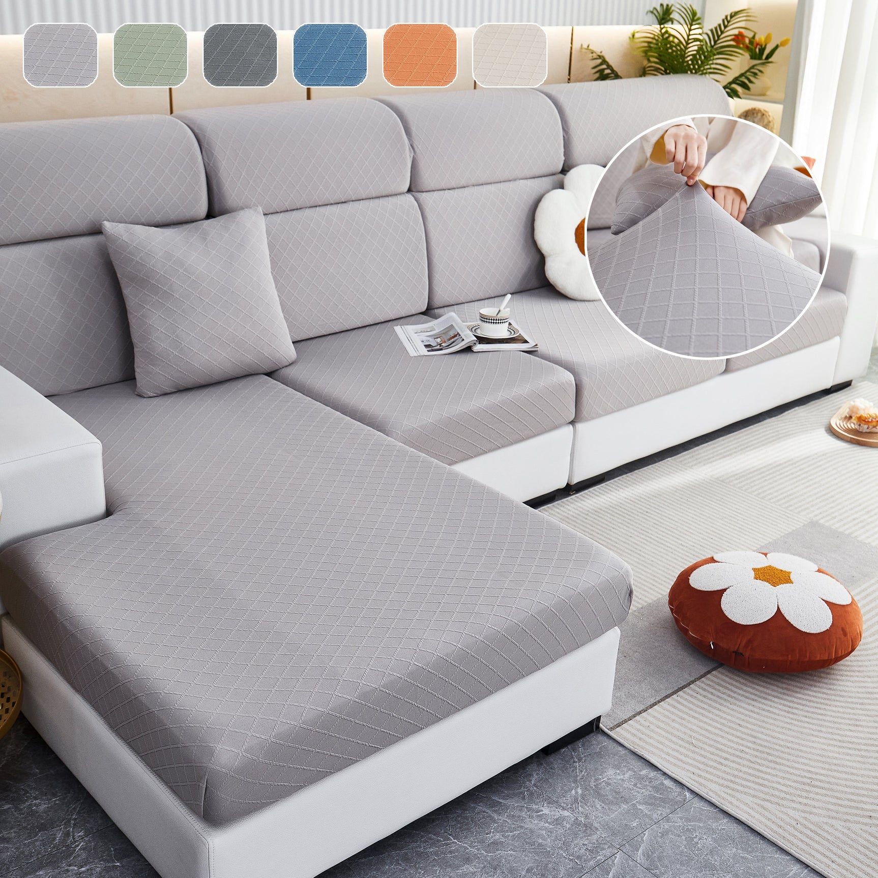 Checkered Jacquard Polar Fleece Stretch Sofa Cover, Non Slip Furniture Protector, Couch Seat Cushion Covers - Ornate Home