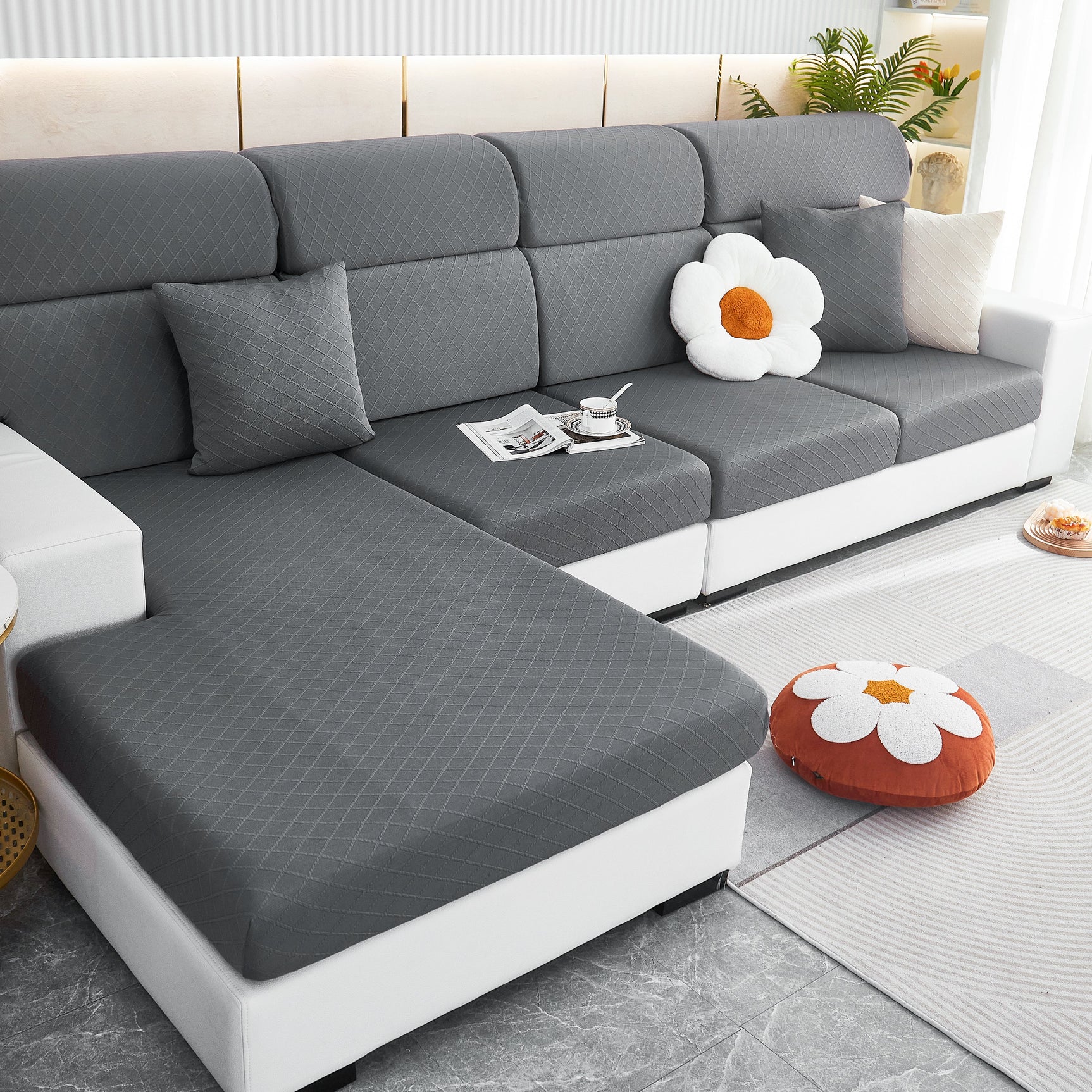 Checkered Jacquard Polar Fleece Stretch Sofa Cover, Non Slip Furniture Protector, Couch Seat Cushion Covers - Ornate Home