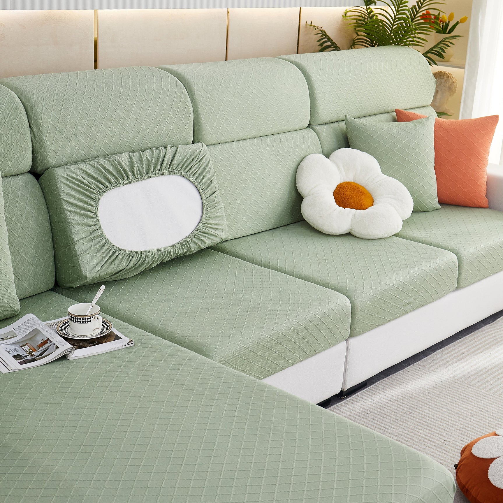 Checkered Jacquard Polar Fleece Stretch Sofa Cover, Non Slip Furniture Protector, Couch Seat Cushion Covers - Ornate Home