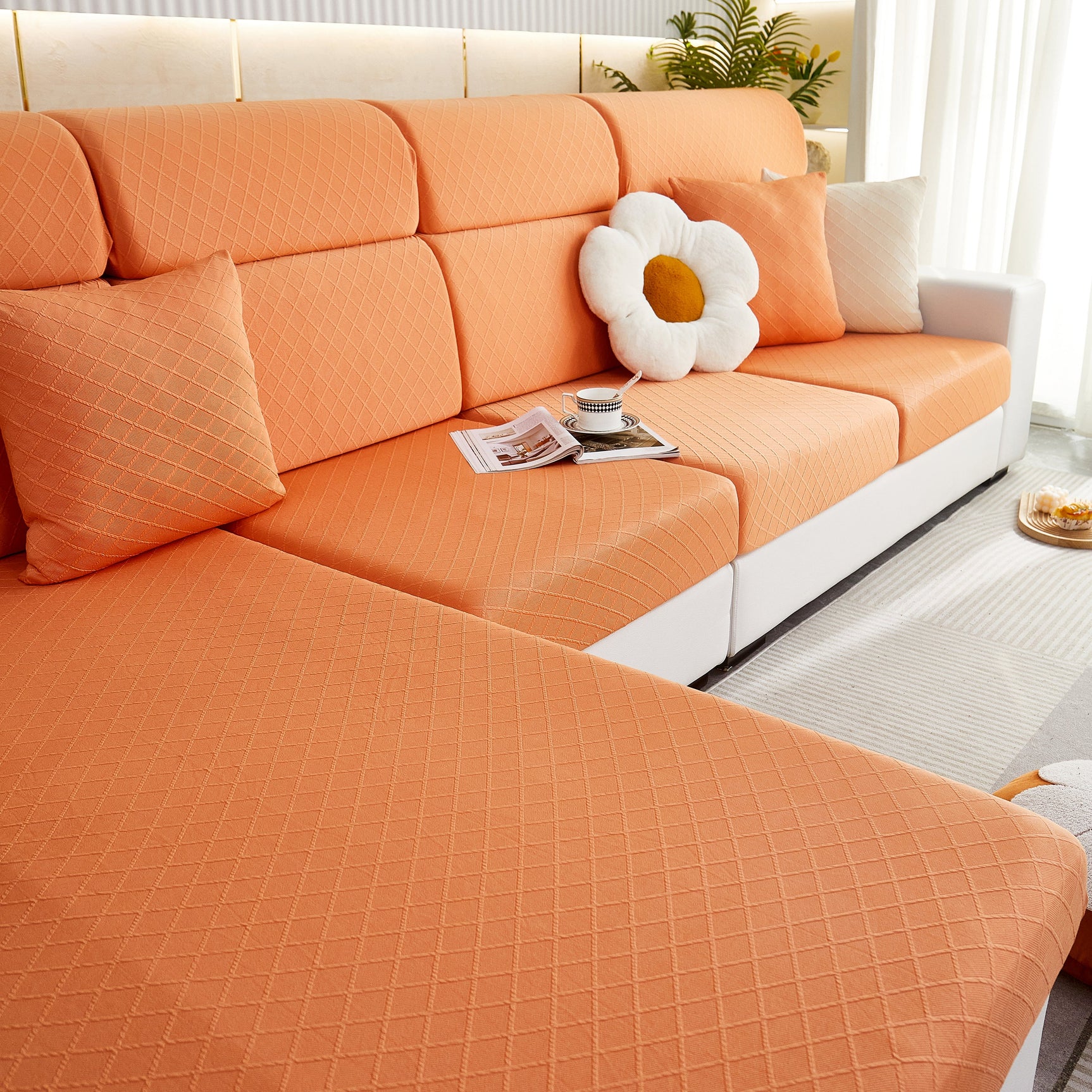 Checkered Jacquard Polar Fleece Stretch Sofa Cover, Non Slip Furniture Protector, Couch Seat Cushion Covers - Ornate Home