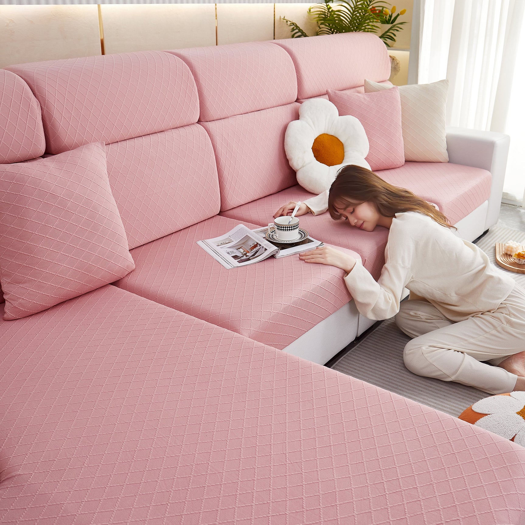 Checkered Jacquard Polar Fleece Stretch Sofa Cover, Non Slip Furniture Protector, Couch Seat Cushion Covers - Ornate Home