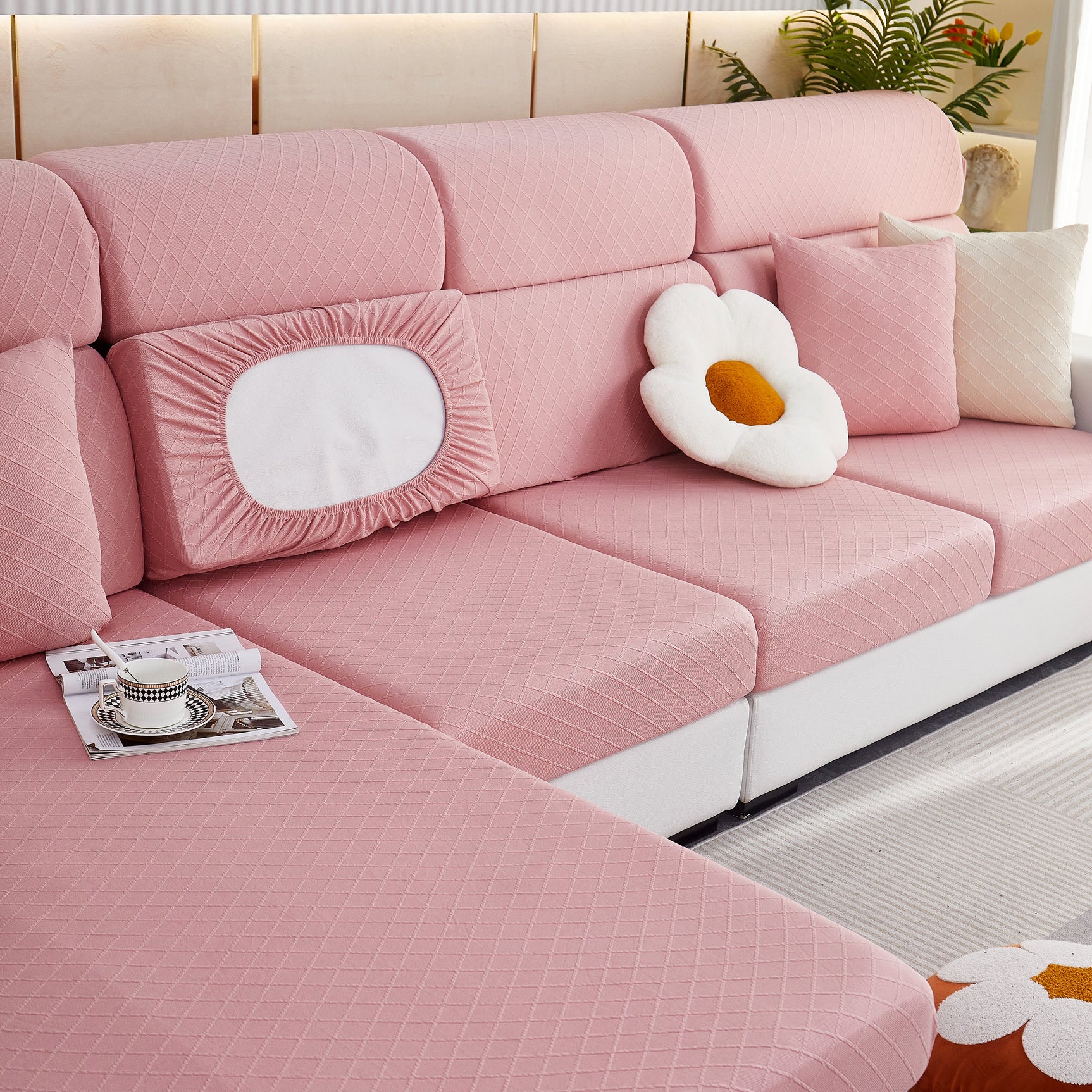 Checkered Jacquard Polar Fleece Stretch Sofa Cover, Non Slip Furniture Protector, Couch Seat Cushion Covers - Ornate Home