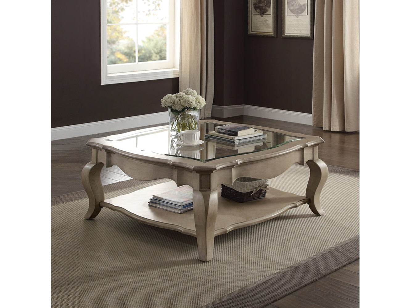 Chelmsford Antique Taupe & Clear Glass Coffee Table - Ornate Home