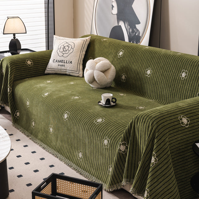 Chenille Camellia Floral Sofa Throw Cover Couch Blanket with Striped Jacquard - Ornate Home