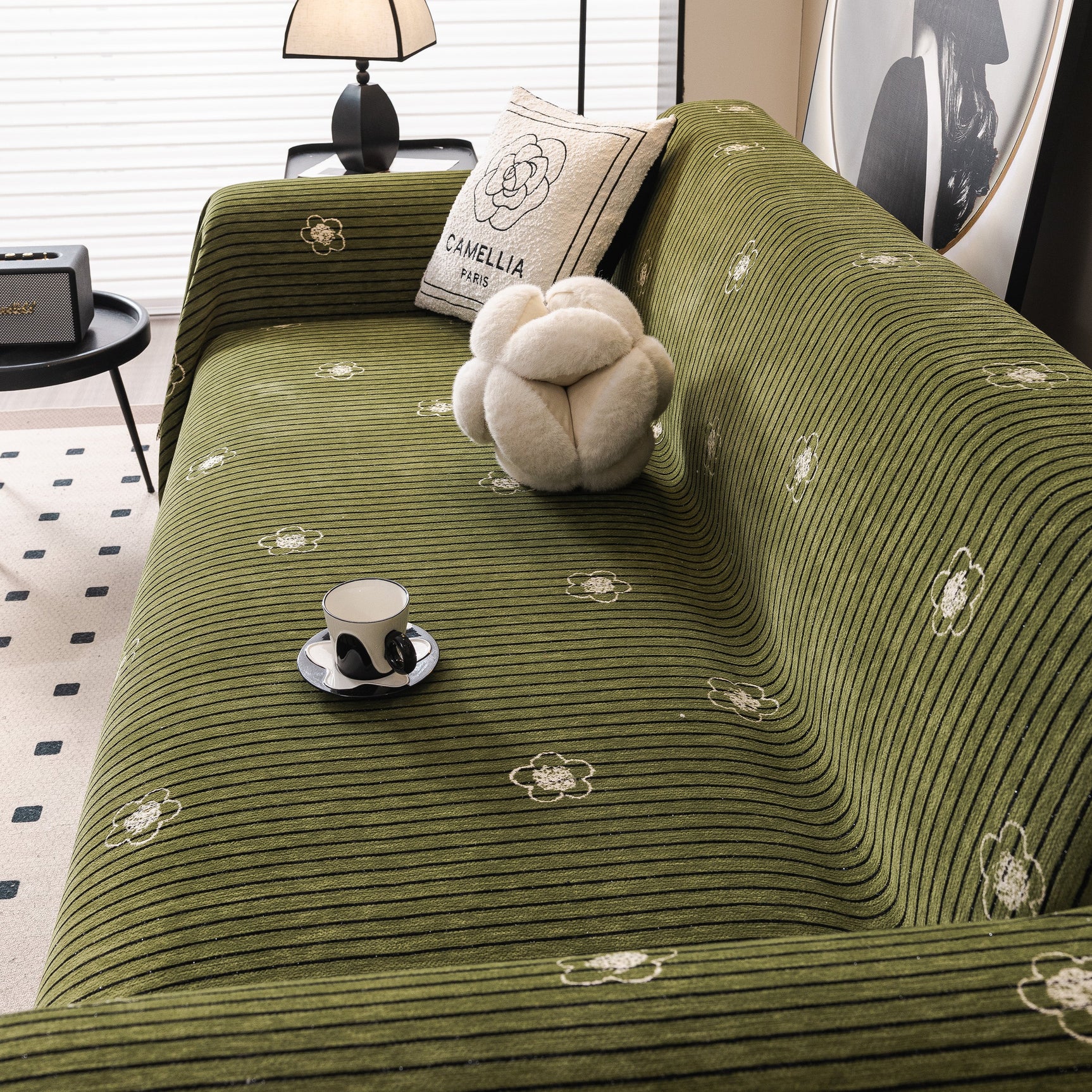 Chenille Camellia Floral Sofa Throw Cover Couch Blanket with Striped Jacquard - Ornate Home