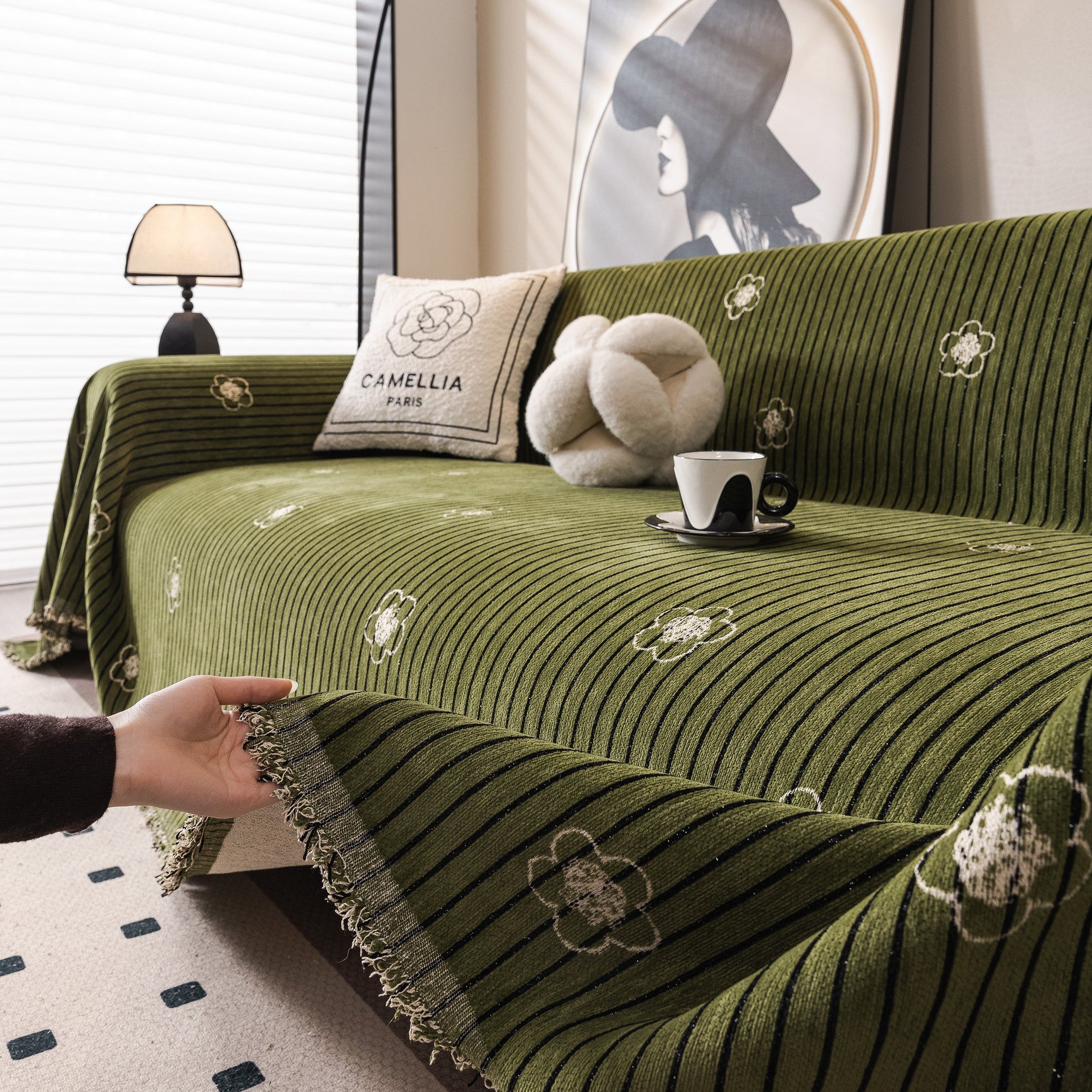 Chenille Camellia Floral Sofa Throw Cover Couch Blanket with Striped Jacquard - Ornate Home