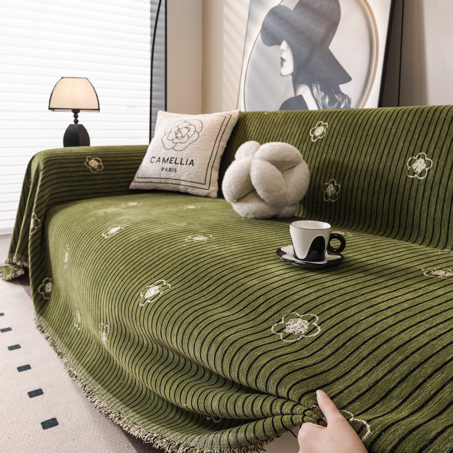 Chenille Camellia Floral Sofa Throw Cover Couch Blanket with Striped Jacquard - Ornate Home