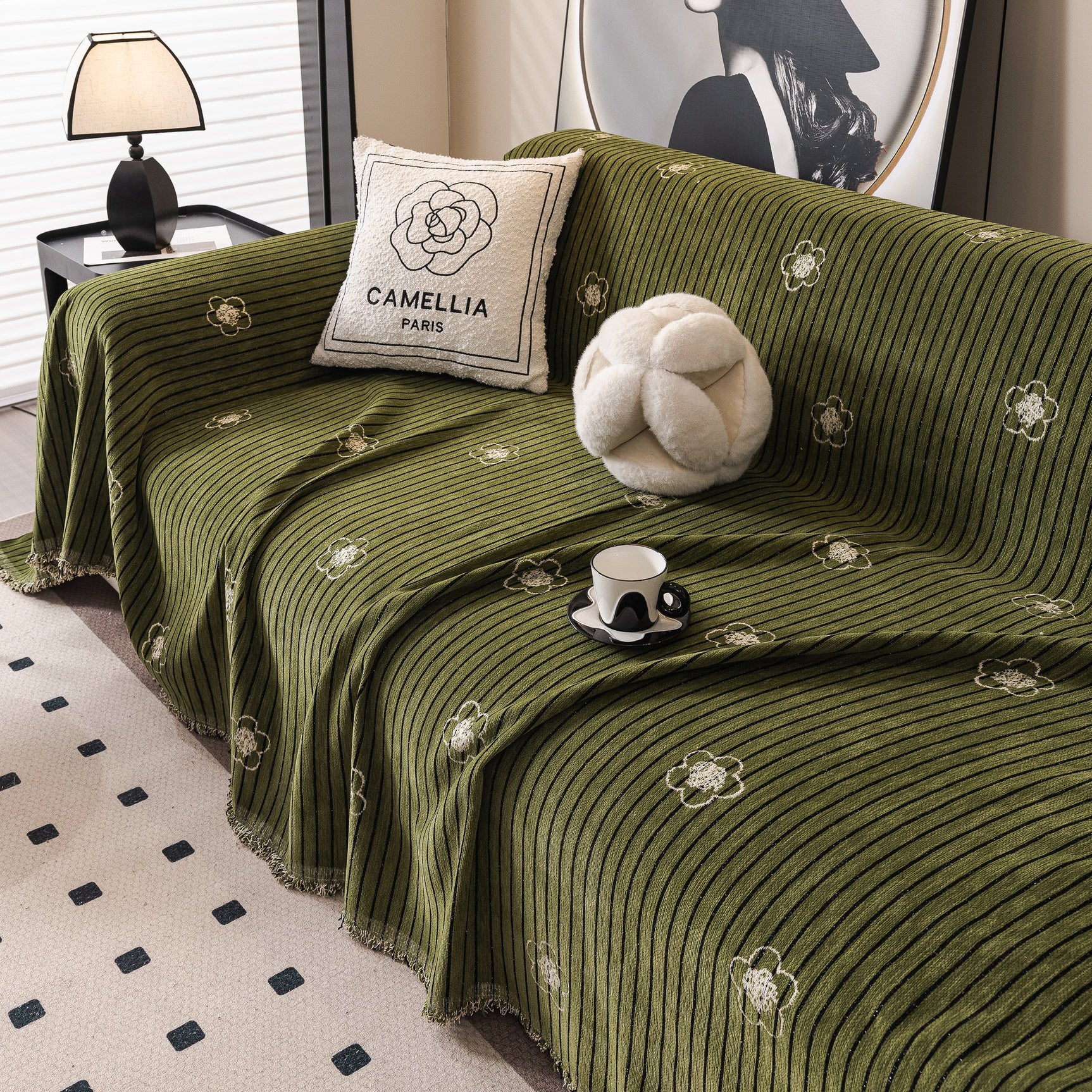 Chenille Camellia Floral Sofa Throw Cover Couch Blanket with Striped Jacquard - Ornate Home