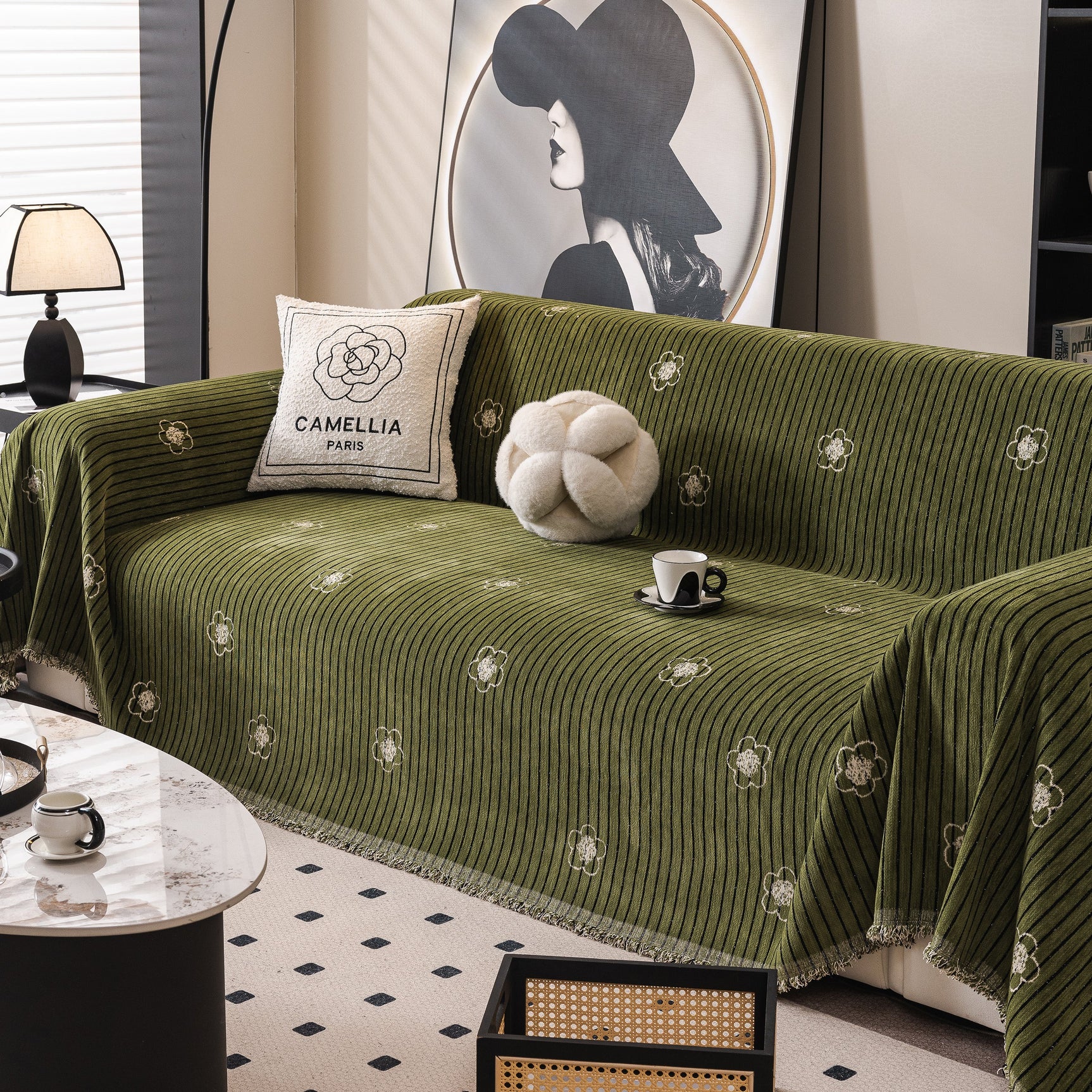 Chenille Camellia Floral Sofa Throw Cover Couch Blanket with Striped Jacquard - Ornate Home
