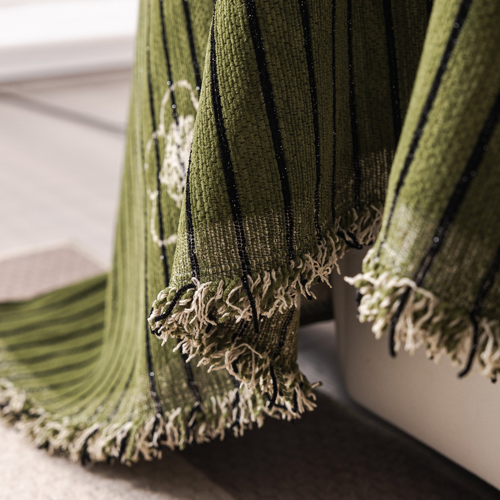 Chenille Camellia Floral Sofa Throw Cover Couch Blanket with Striped Jacquard - Ornate Home