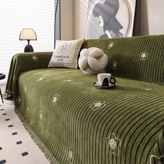 Chenille Camellia Floral Sofa Throw Cover Couch Blanket with Striped Jacquard - Ornate Home