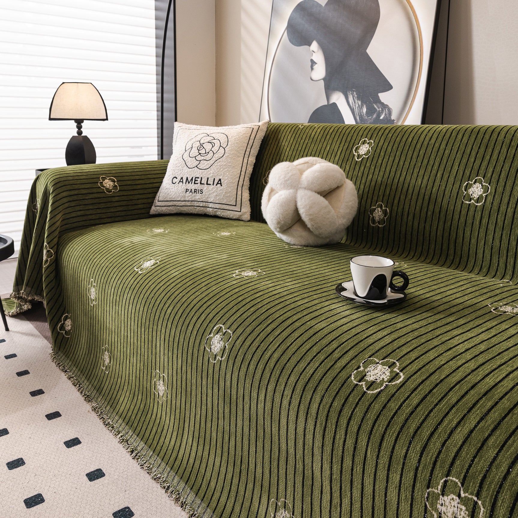 Chenille Camellia Floral Sofa Throw Cover Couch Blanket with Striped Jacquard - Ornate Home
