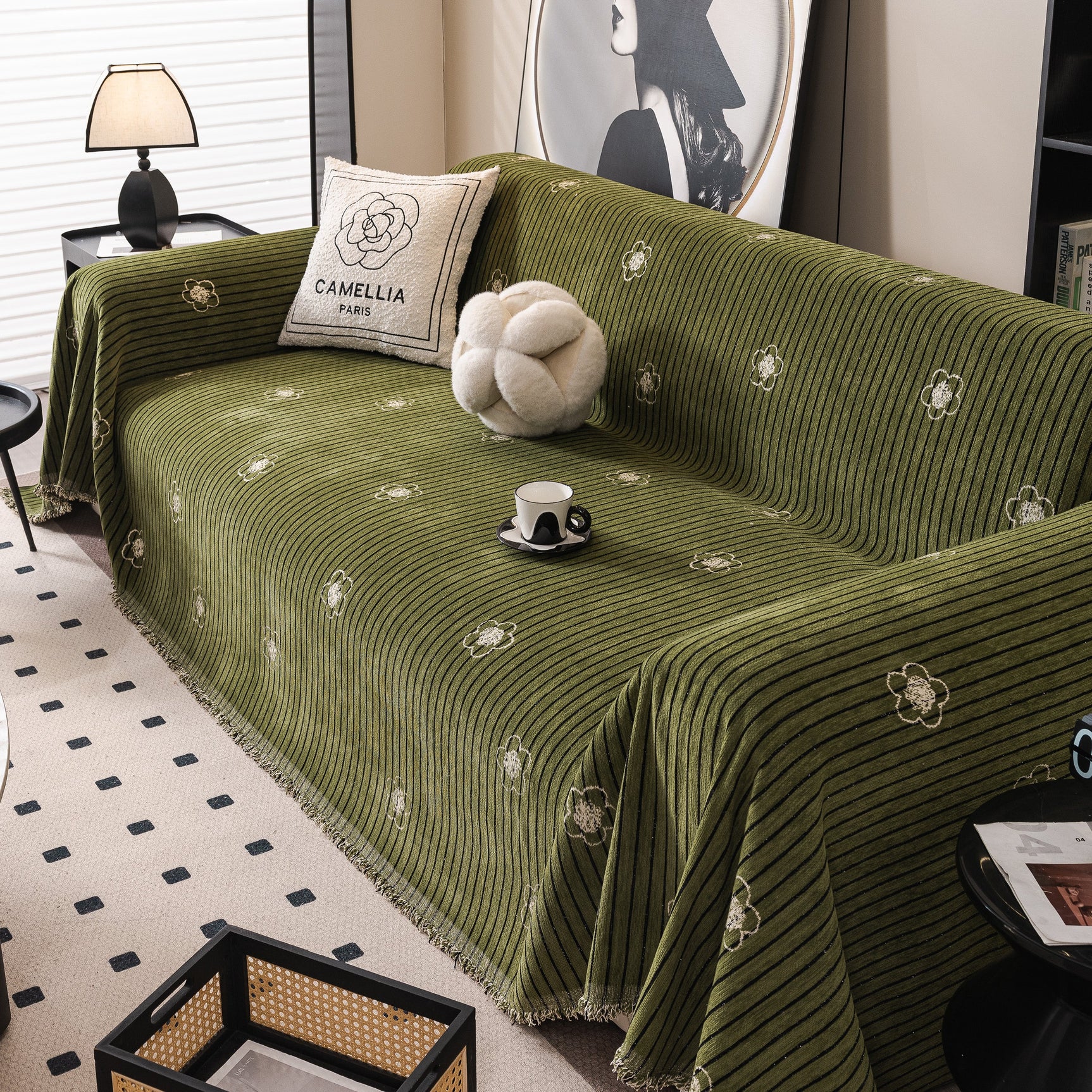 Chenille Camellia Floral Sofa Throw Cover Couch Blanket with Striped Jacquard - Ornate Home