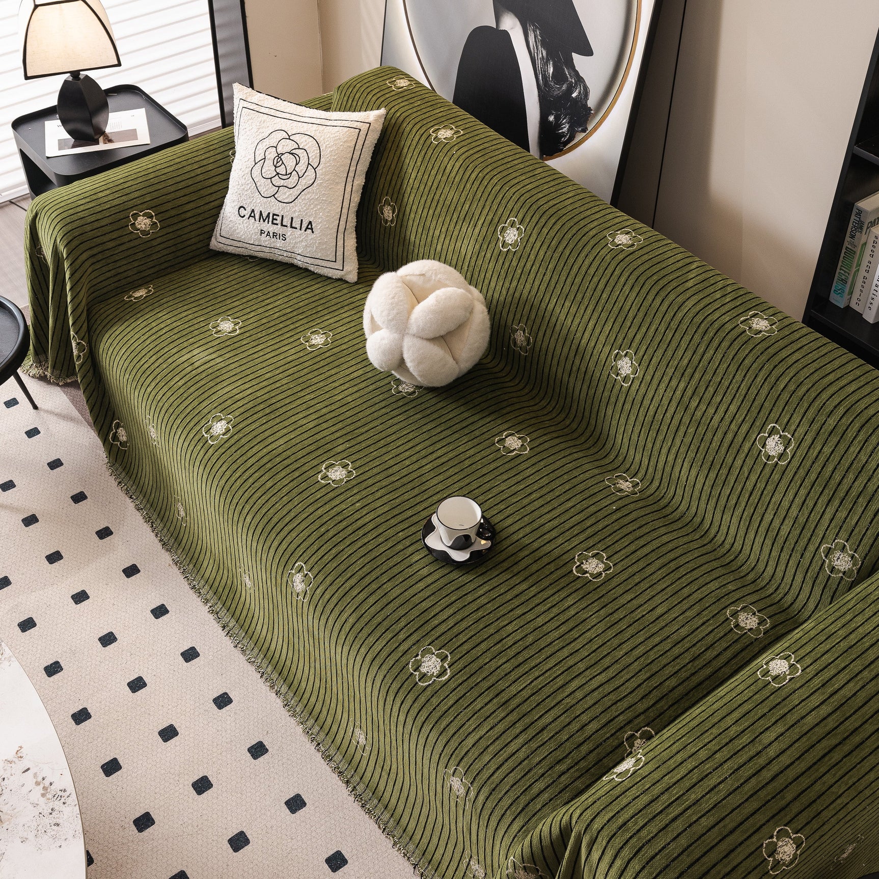 Chenille Camellia Floral Sofa Throw Cover Couch Blanket with Striped Jacquard - Ornate Home