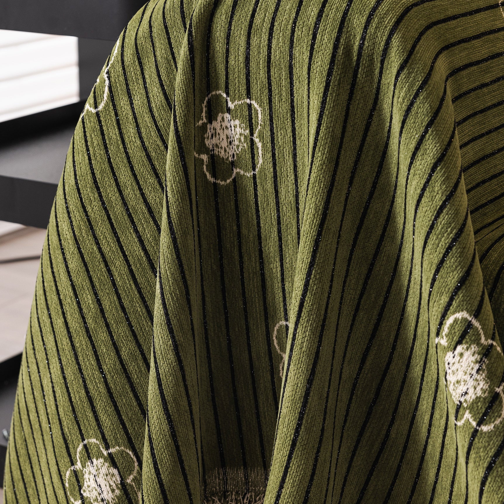 Chenille Camellia Floral Sofa Throw Cover Couch Blanket with Striped Jacquard - Ornate Home