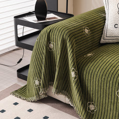 Chenille Camellia Floral Sofa Throw Cover Couch Blanket with Striped Jacquard - Ornate Home