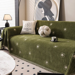 Chenille Camellia Floral Sofa Throw Cover Couch Blanket with Striped Jacquard - Ornate Home