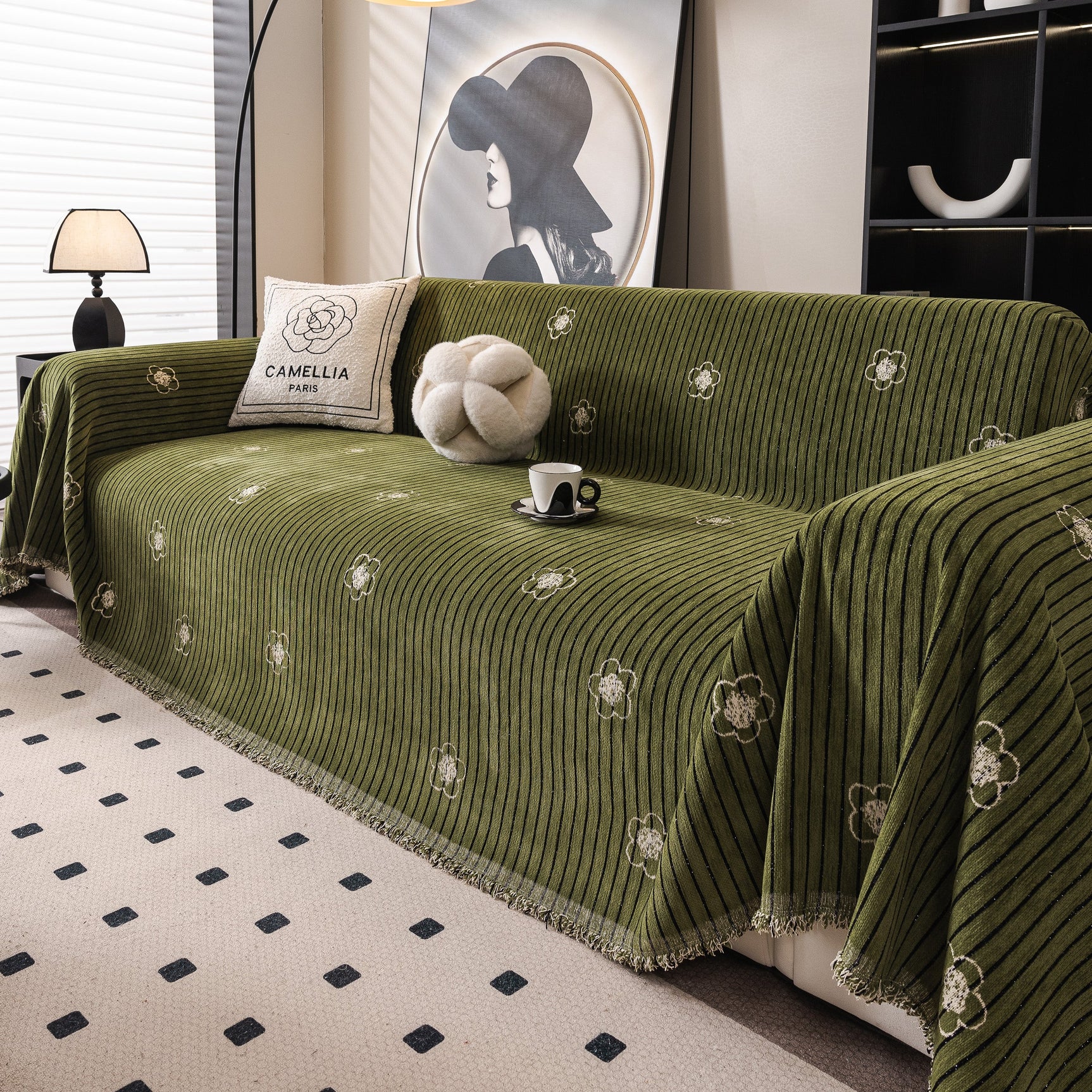 Chenille Camellia Floral Sofa Throw Cover Couch Blanket with Striped Jacquard - Ornate Home