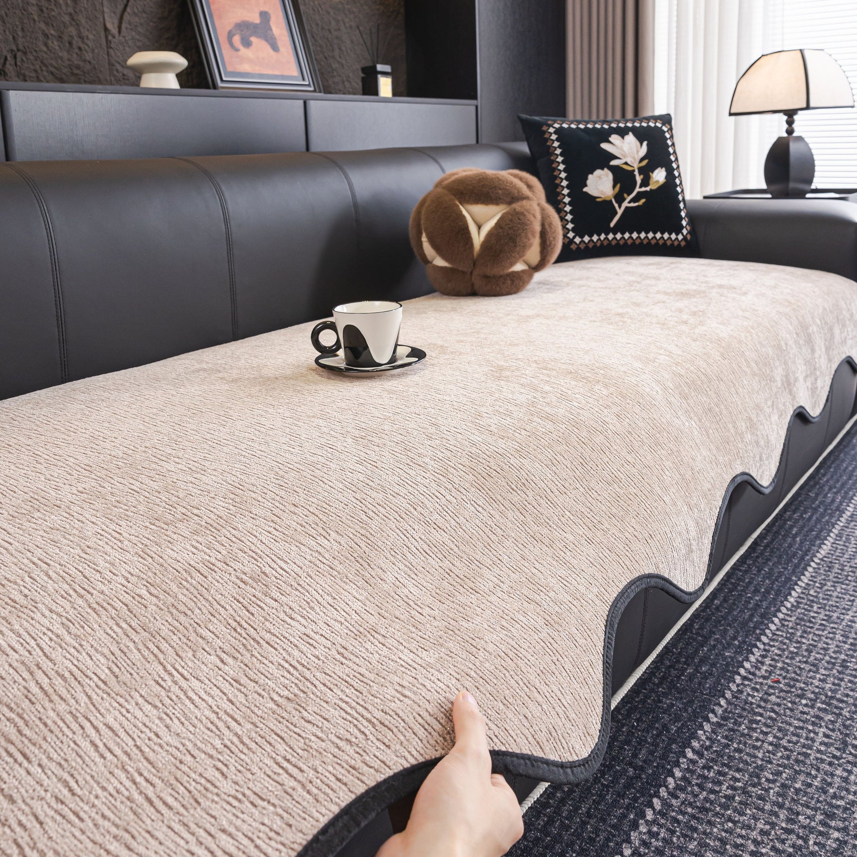 Chenille Couch Cover with Scalloped Edge, Non-Slip Modular Slipcover Sectional - Ornate Home