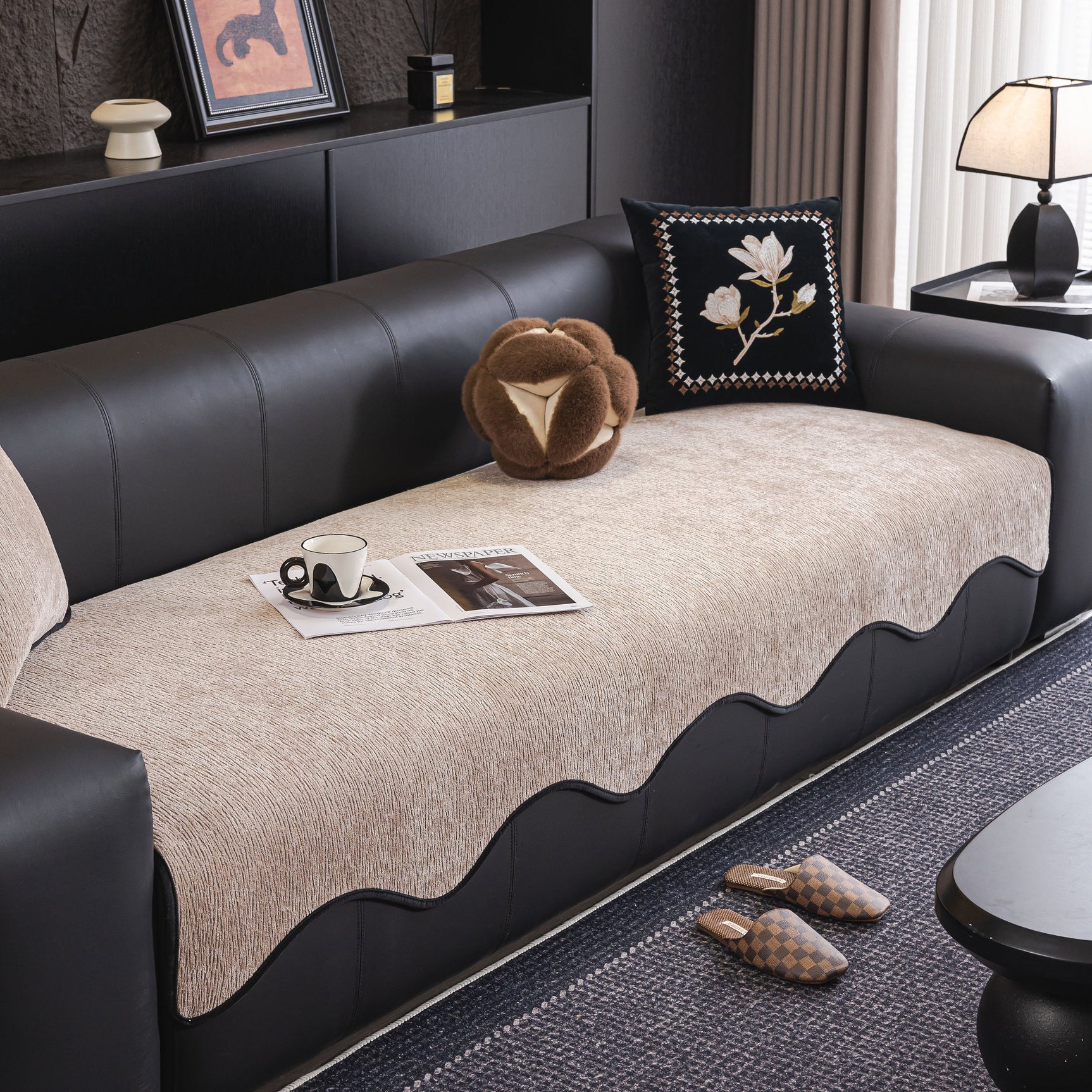 Chenille Couch Cover with Scalloped Edge, Non-Slip Modular Slipcover Sectional - Ornate Home
