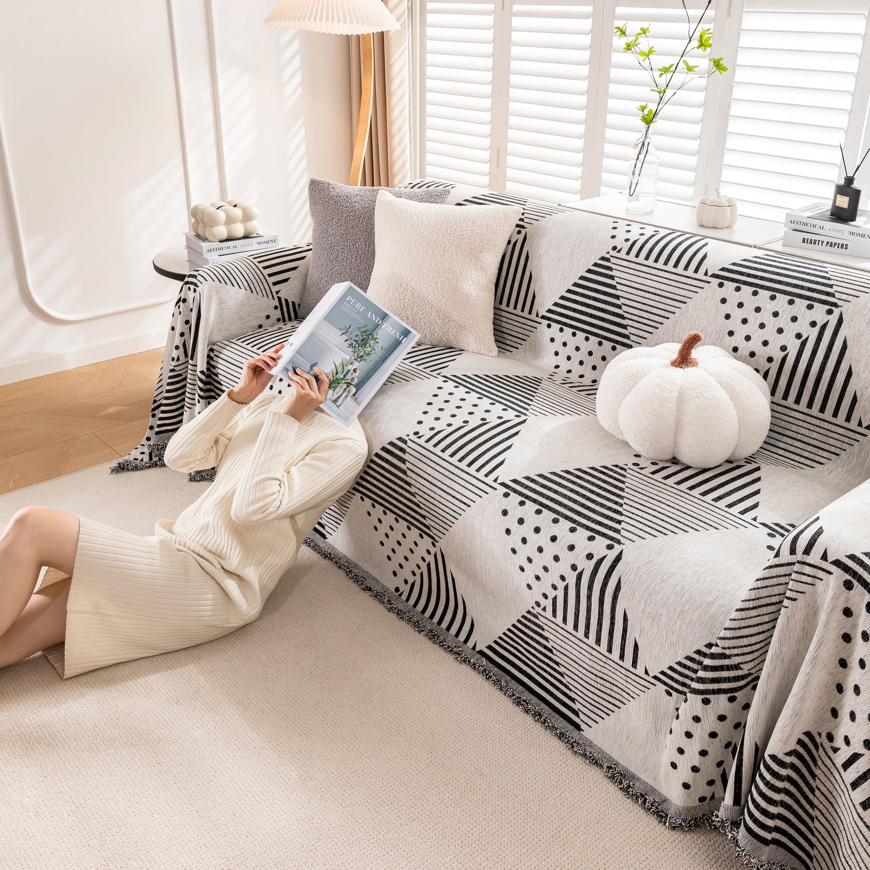 Chenille Geometric Patterned Sofa Throw, Couch Covers for Sectionals for Pets, Throw Cover for Couch - Ornate Home
