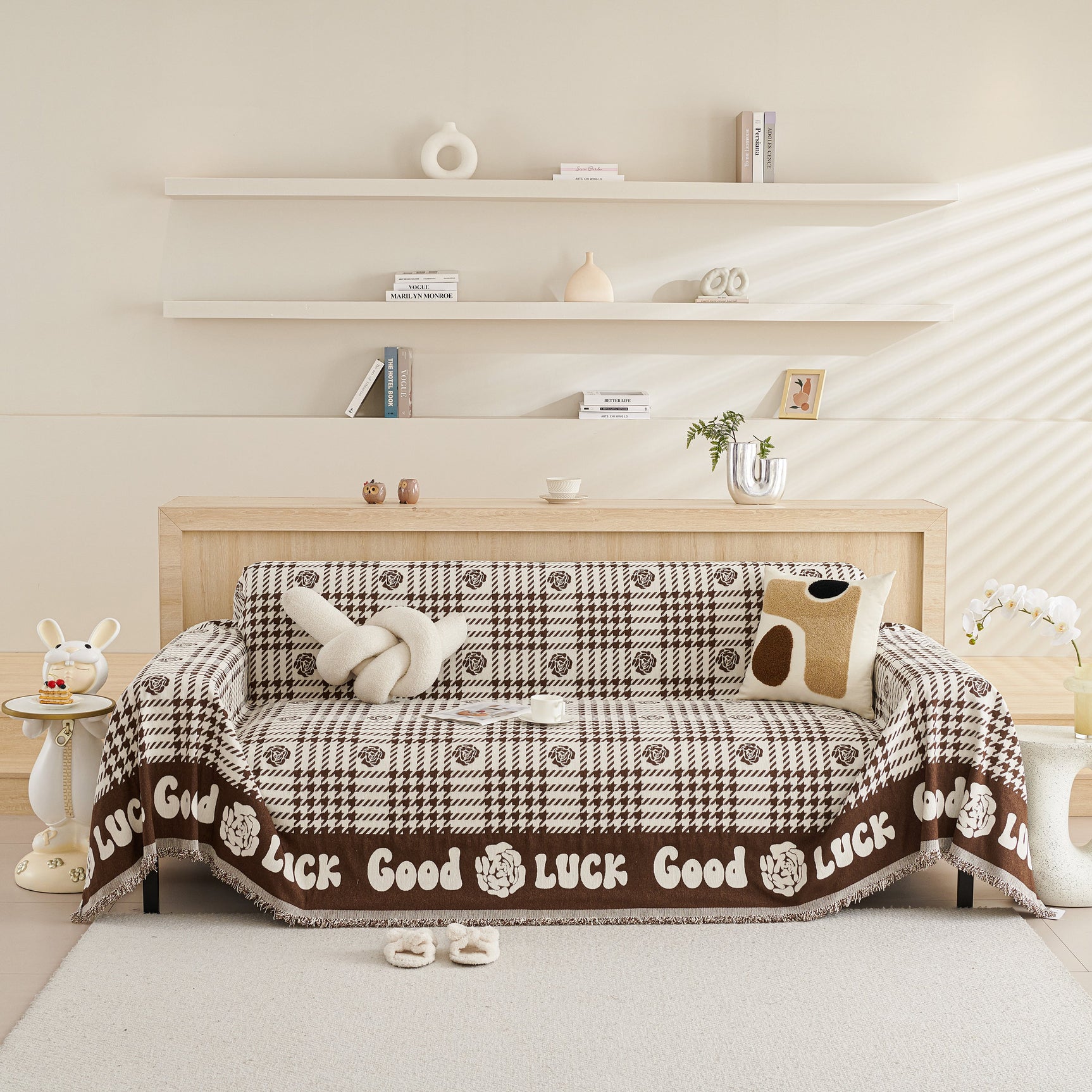 Chenille Houndstooth Sofa Throw Cover, Scratch Proof Cozy Throw Blankets for Couch - Ornate Home