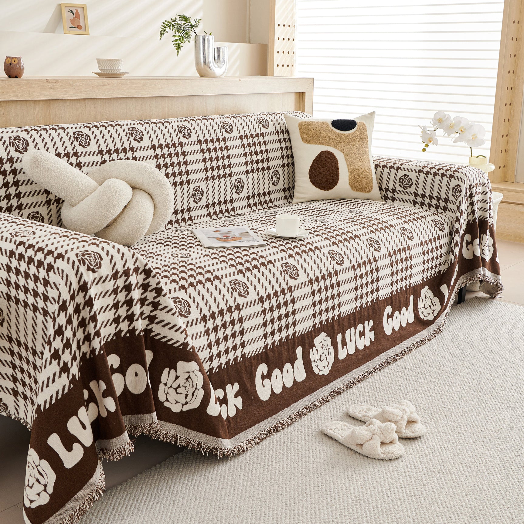 Chenille Houndstooth Sofa Throw Cover, Scratch Proof Cozy Throw Blankets for Couch - Ornate Home