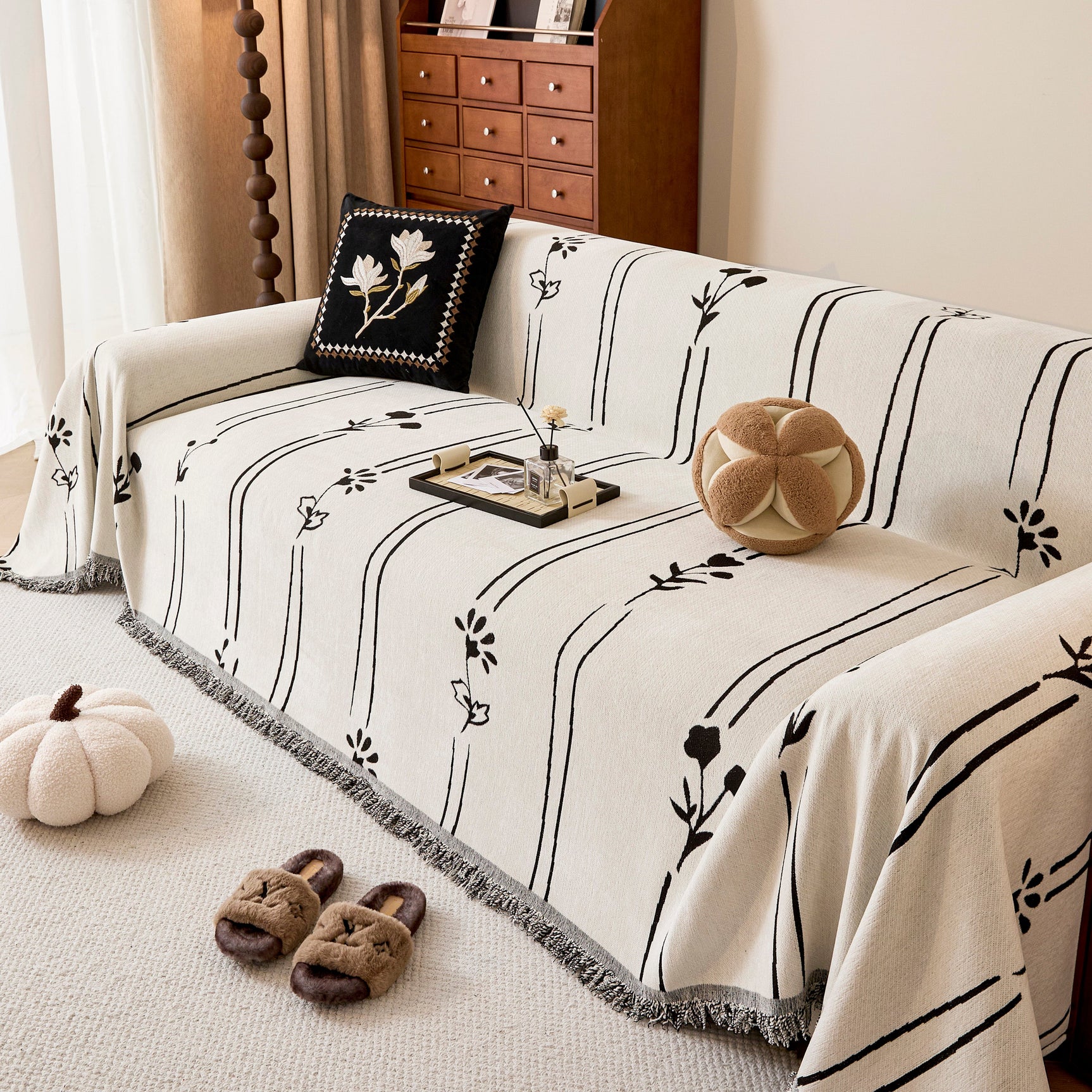 Chenille Jacquard Sofa Throw Cover with Tassel Soft Thick Couch Protector Blanket - Ornate Home