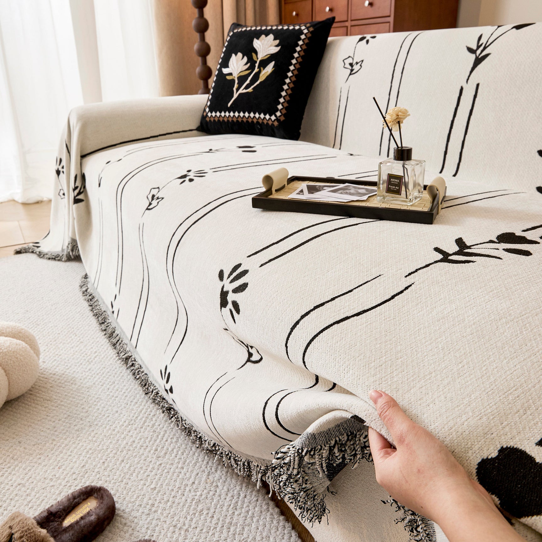 Chenille Jacquard Sofa Throw Cover with Tassel Soft Thick Couch Protector Blanket - Ornate Home