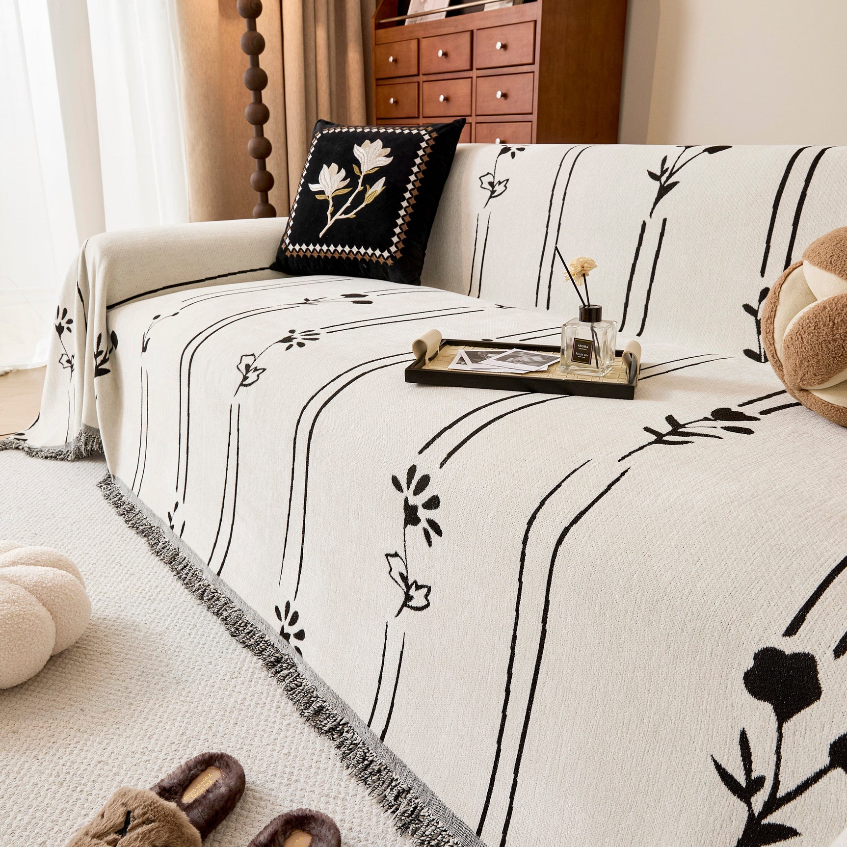 Chenille Jacquard Sofa Throw Cover with Tassel Soft Thick Couch Protector Blanket - Ornate Home