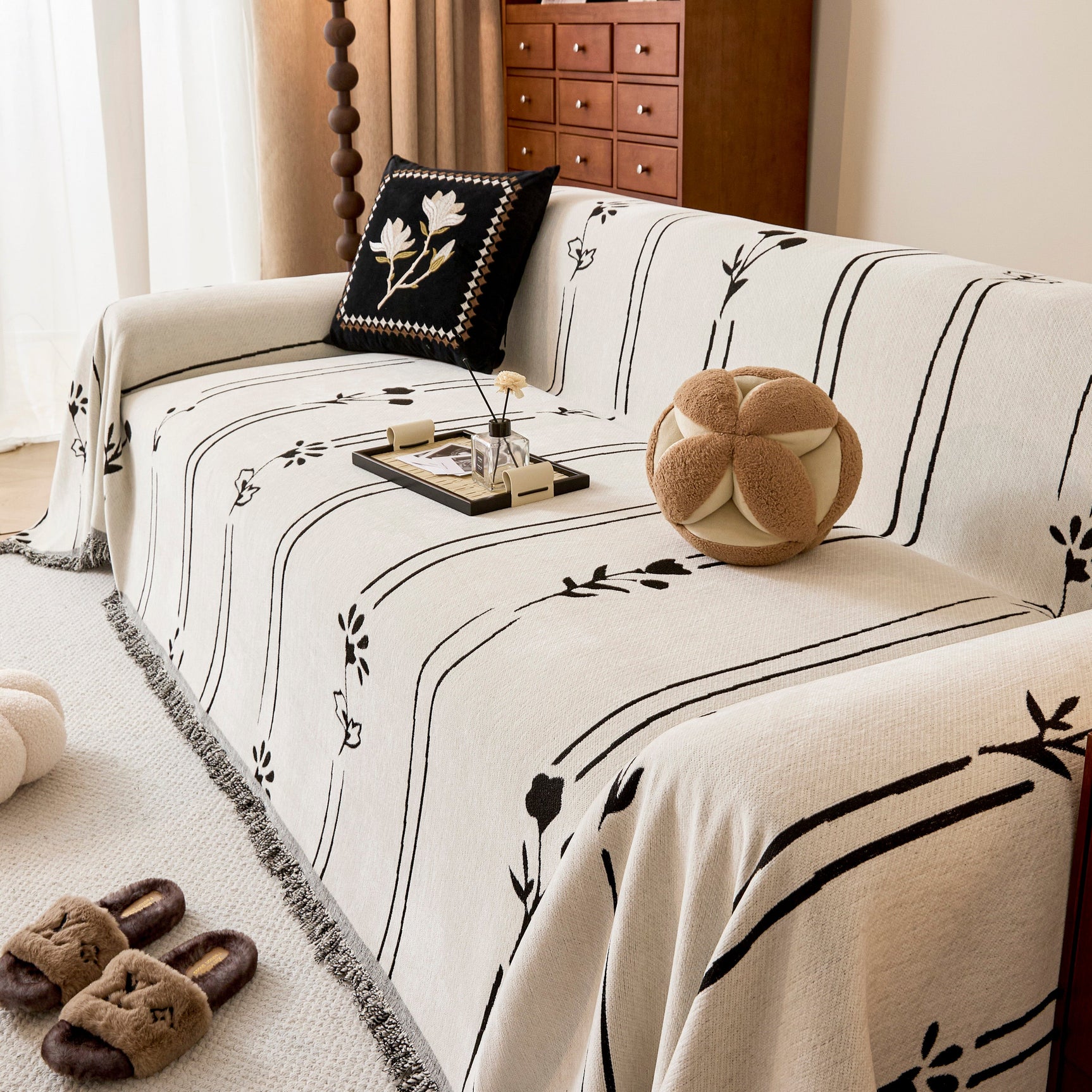 Chenille Jacquard Sofa Throw Cover with Tassel Soft Thick Couch Protector Blanket - Ornate Home