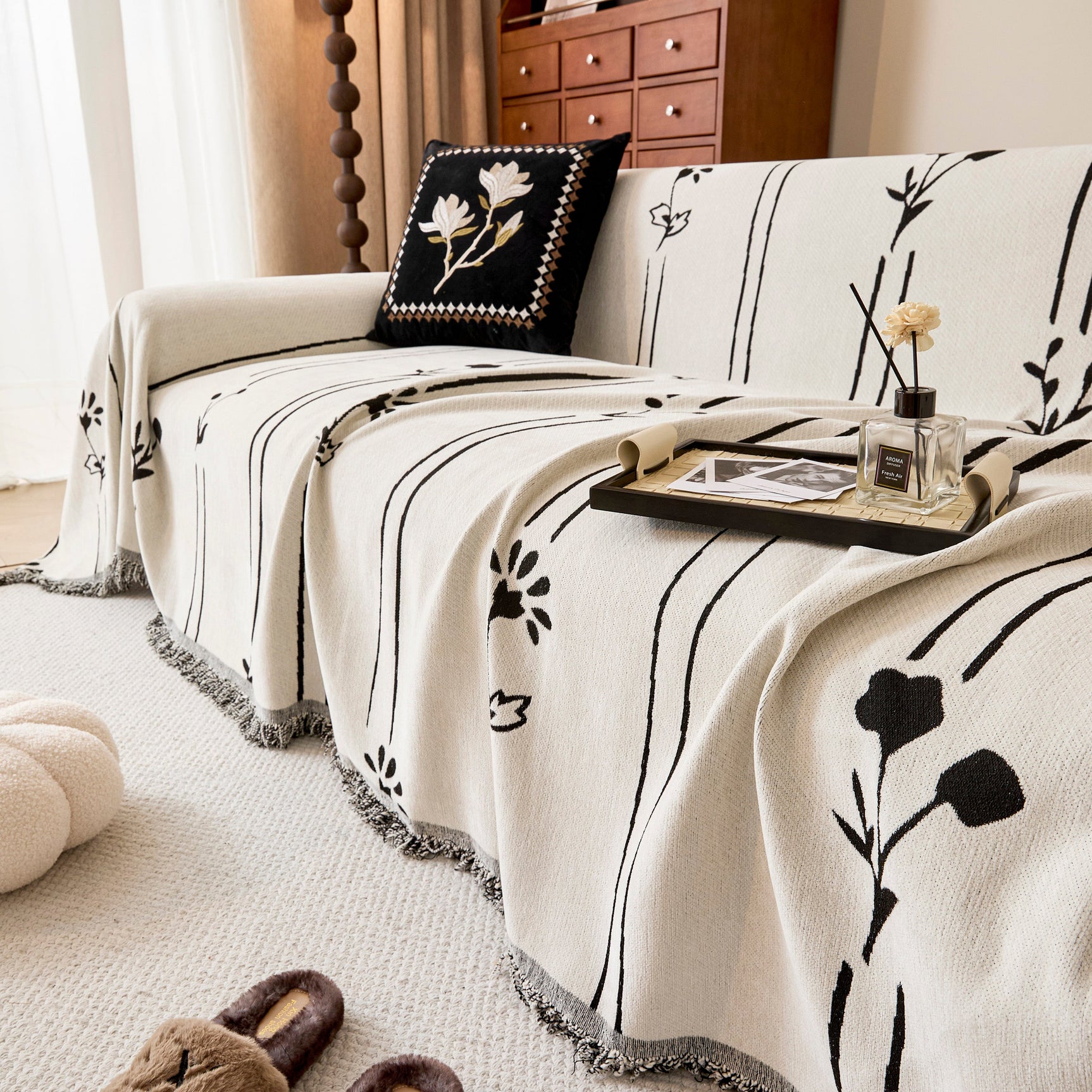Chenille Jacquard Sofa Throw Cover with Tassel Soft Thick Couch Protector Blanket - Ornate Home