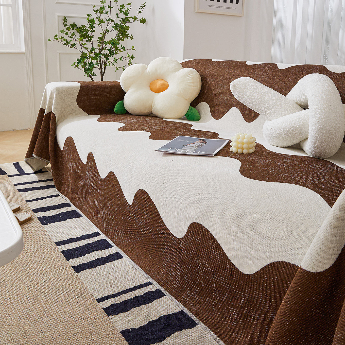 Chenille Minimalist Wavy Sofa Throw Cover, Cozy Blankets for Couch, Machine Washable Couch Protector - Ornate Home