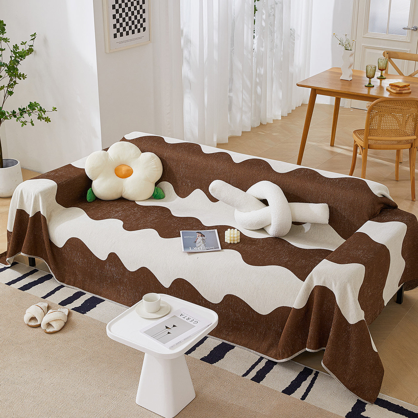 Chenille Minimalist Wavy Sofa Throw Cover, Cozy Blankets for Couch, Machine Washable Couch Protector - Ornate Home