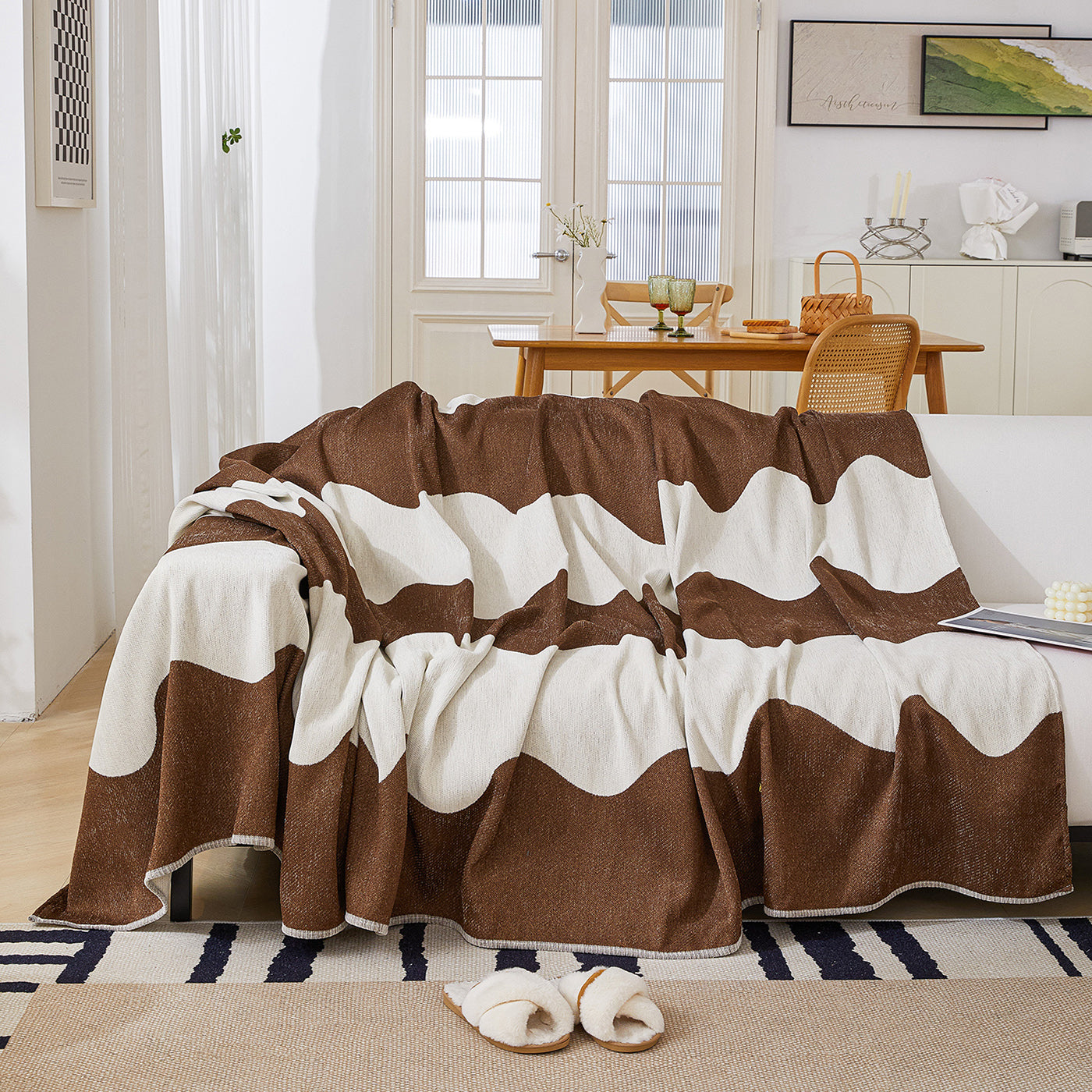Chenille Minimalist Wavy Sofa Throw Cover, Cozy Blankets for Couch, Machine Washable Couch Protector - Ornate Home