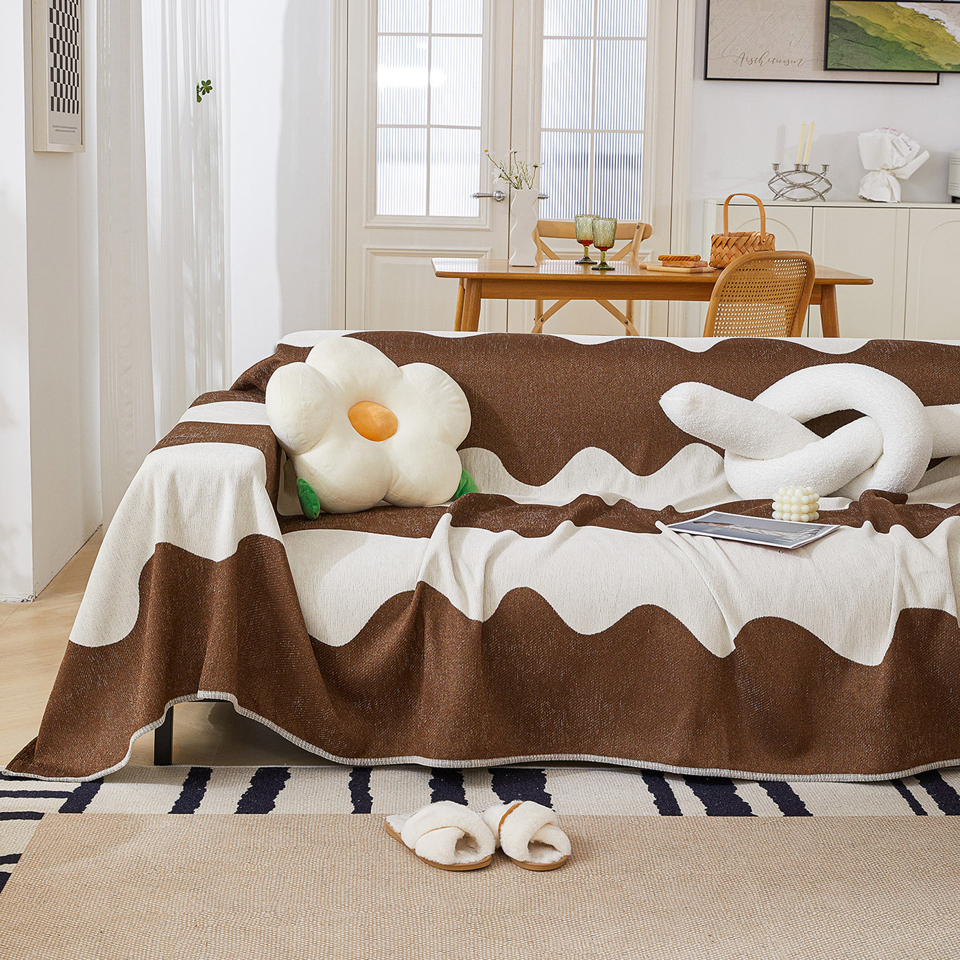 Chenille Minimalist Wavy Sofa Throw Cover, Cozy Blankets for Couch, Machine Washable Couch Protector - Ornate Home