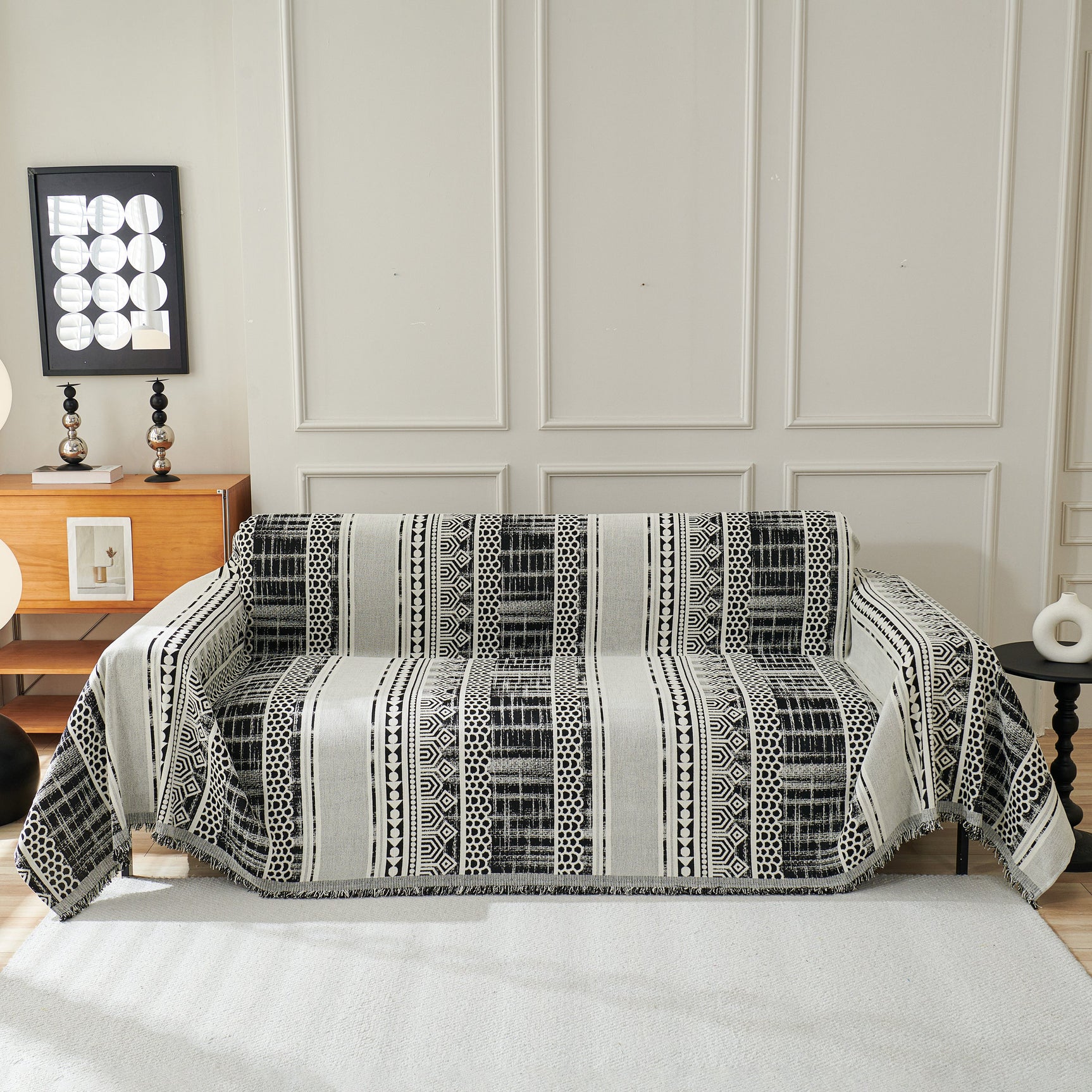 Chenille Sofa Cover Throw Blanket, Boho Geometric Scratch Proof Couch Protector - Ornate Home