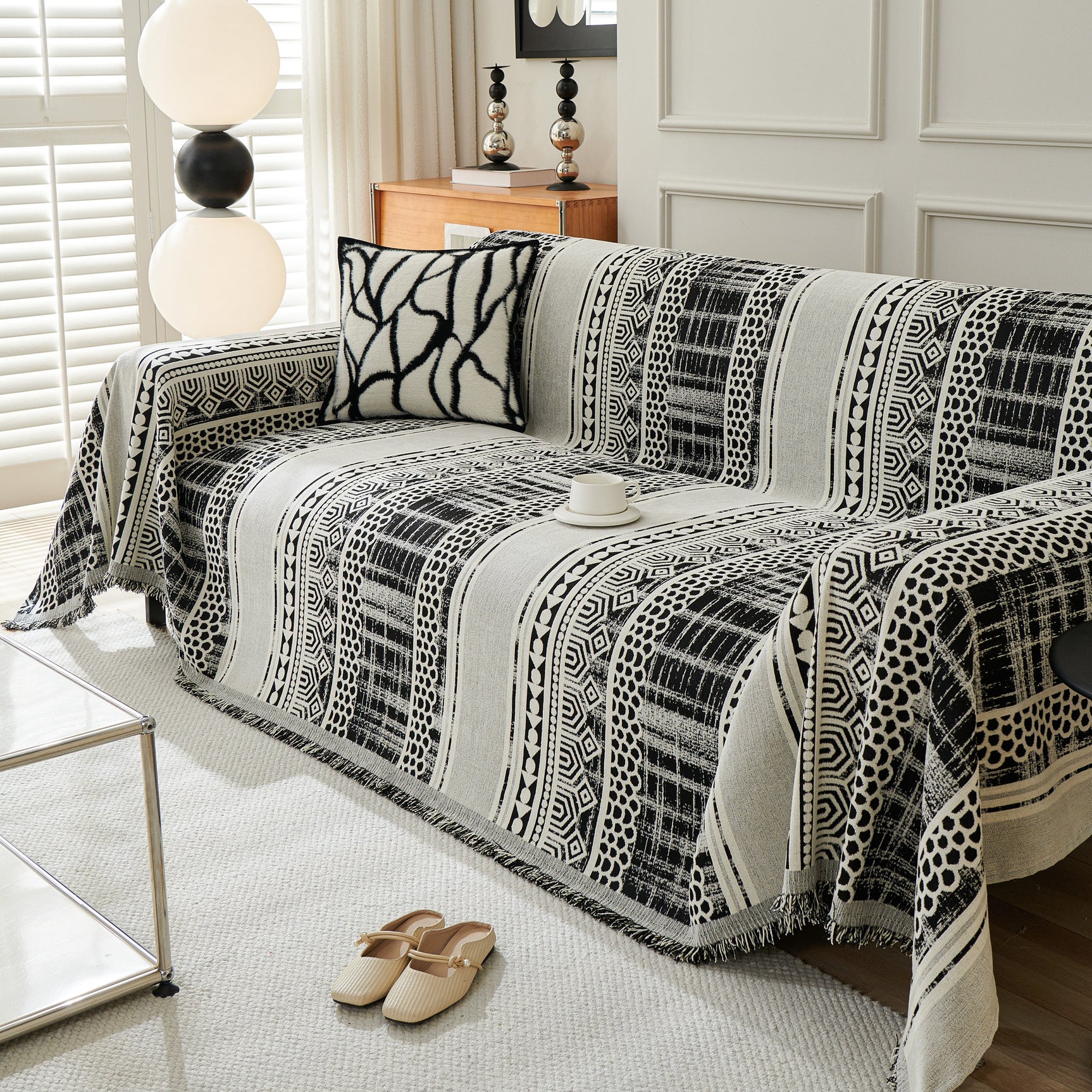 Chenille Sofa Cover Throw Blanket, Boho Geometric Scratch Proof Couch Protector - Ornate Home