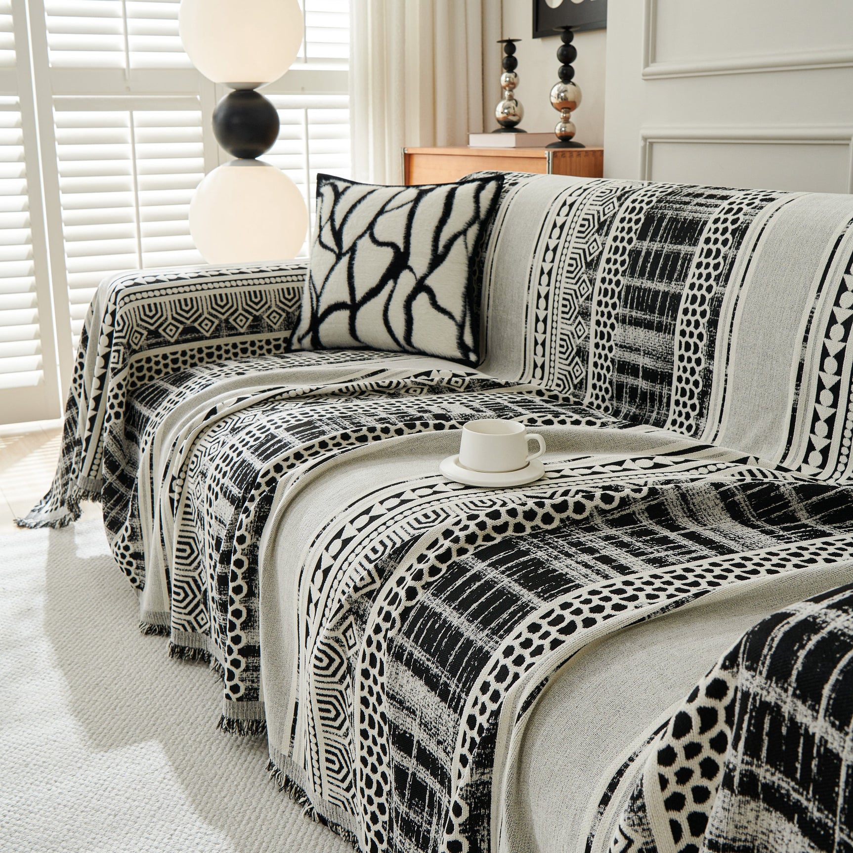 Chenille Sofa Cover Throw Blanket, Boho Geometric Scratch Proof Couch Protector - Ornate Home