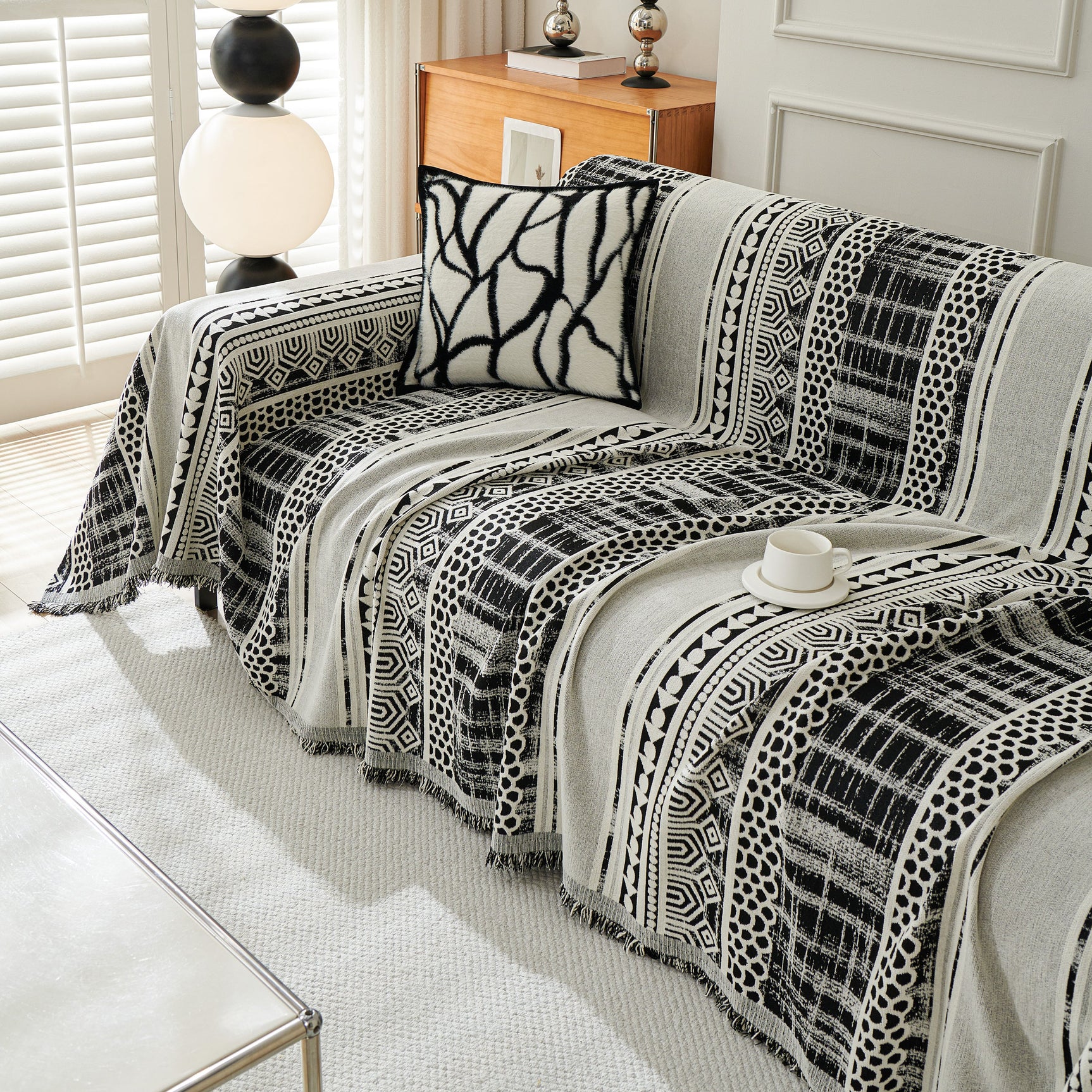Chenille Sofa Cover Throw Blanket, Boho Geometric Scratch Proof Couch Protector - Ornate Home