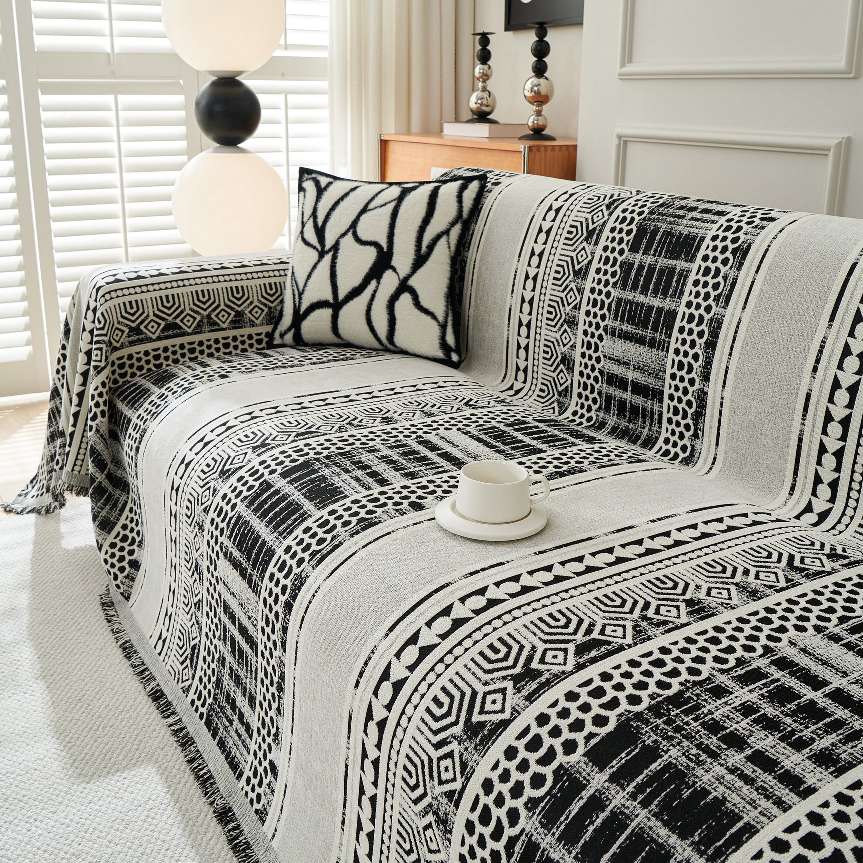 Chenille Sofa Cover Throw Blanket, Boho Geometric Scratch Proof Couch Protector - Ornate Home
