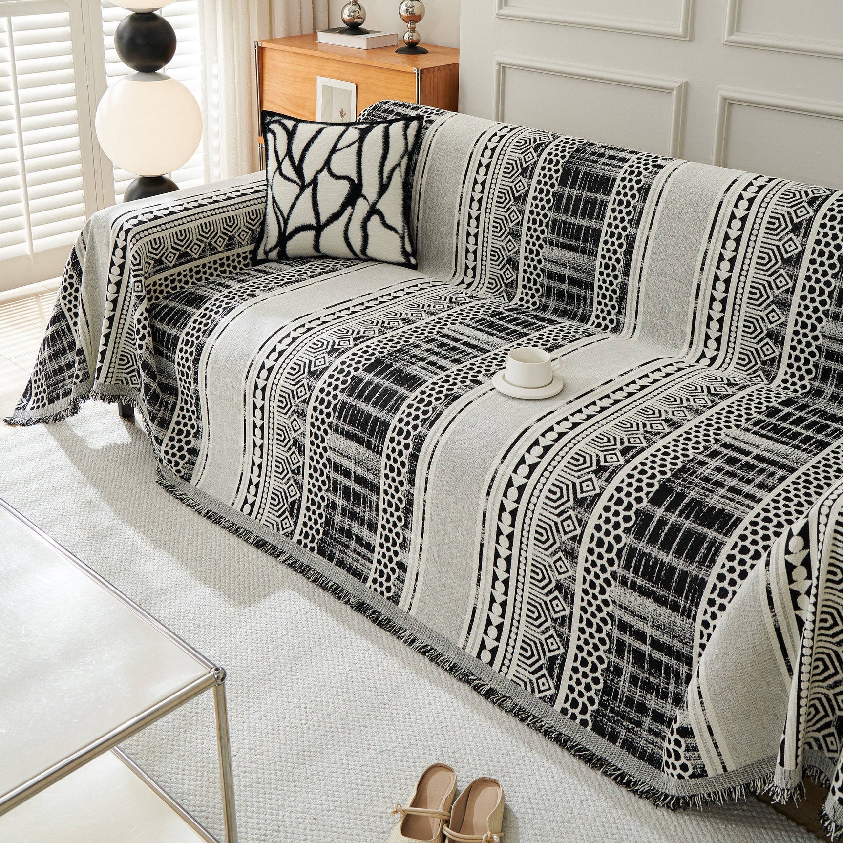 Chenille Sofa Cover Throw Blanket, Boho Geometric Scratch Proof Couch Protector - Ornate Home