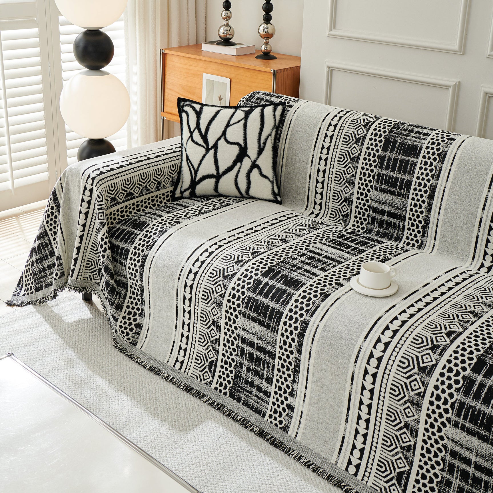 Chenille Sofa Cover Throw Blanket, Boho Geometric Scratch Proof Couch Protector - Ornate Home